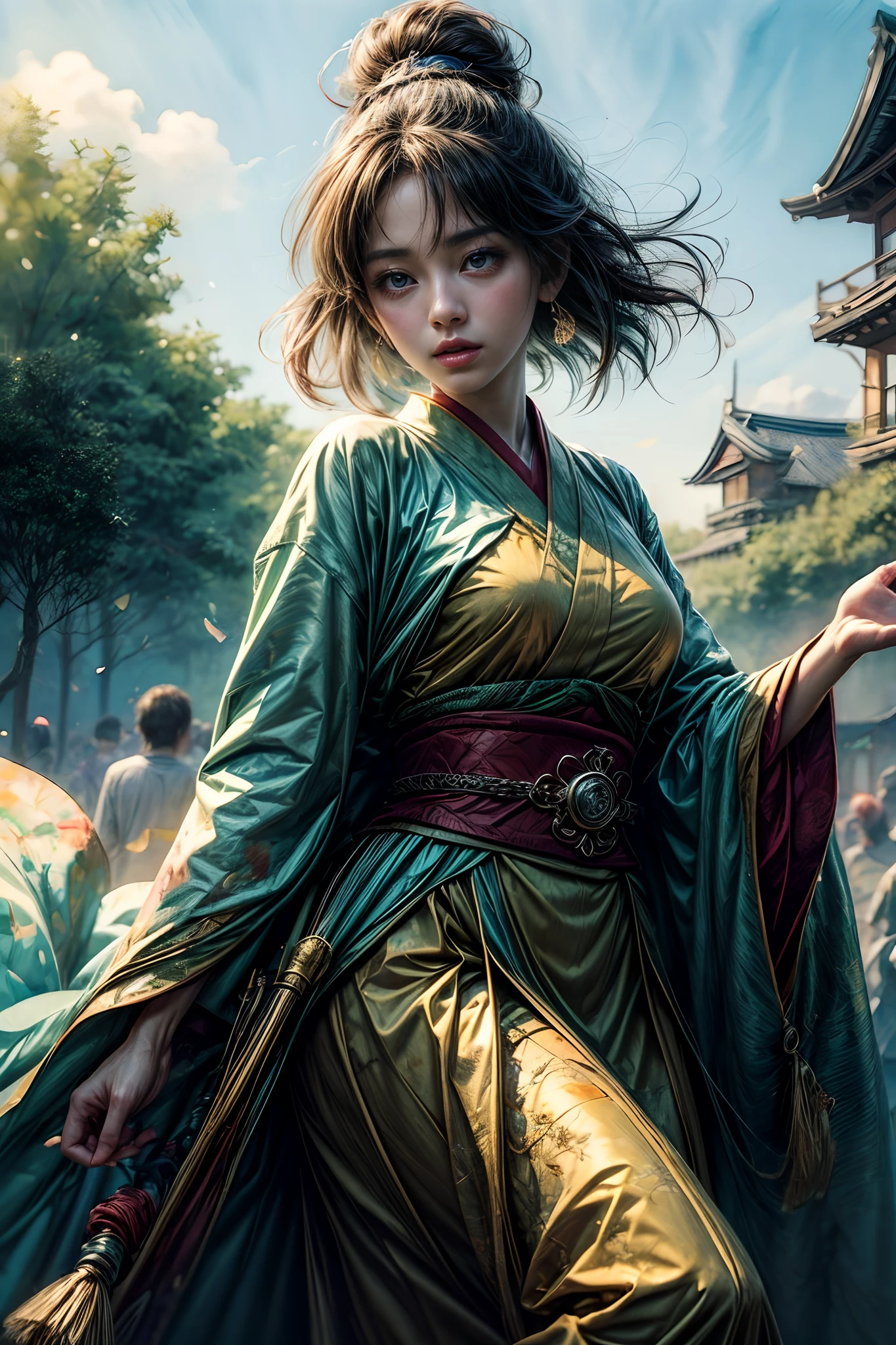 (masutepiece, of the highest quality, Best Quality, Official art, (Beautiful and super aesthetic:1.4), (watercolor paiting:1.4) ), (Kushinagahime:1.5), Goddess of Japan mythology, Goddess of Childcare、fertility goddess、 God's Grace, Intelligent and active expression, Green robe pointing to the image of the earth, She is a person々At the center of the rustling voice of, a person々Dance for happiness, Whispers of ancient lore