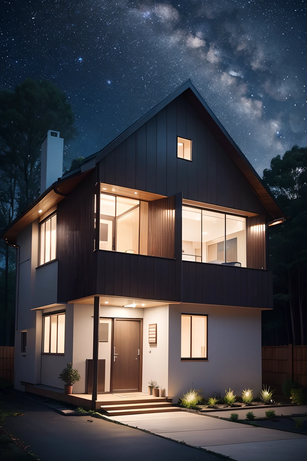 a modern cozy house in city, starry night sky, surrounded by trees, peaceful
