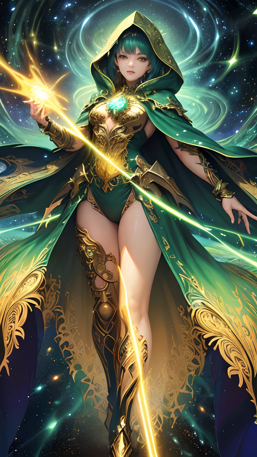 (masterpiece, top quality, best quality, official art, beautiful and aesthetic:1.2), (1woman), extreme detailed, (fractal art:1.3), colorful, highest detailed, perfect face, full body, perfect body, HDR, (green cloak golden lines:1.2), galaxy, (light streaks), striking visuals, (dynamic streaks, luminous trails:1.2), vibrant colors, Starry Night,