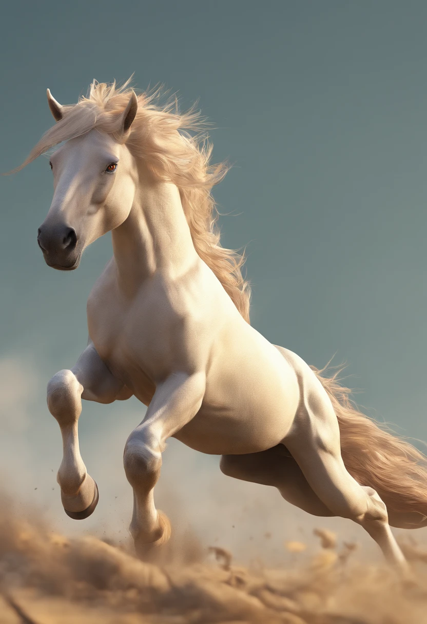 Full body photo，(Best quality,4K,A high resolution,Masterpiece:1.2),Ultra-detailed,Realistic,sportrait,Giant horses,Galloping stallions,full bodyesbian,elegant,Graceful,Strong presence,rippling muscles,flowing mane and tail,Curved neck and arched back,Sharp focus,intense eyes,The nostrils buzz,Hoofs hit the ground,Dust flying in the air,Graze on green meadows,Magnificent creatures,Imposing body,Robust construction,Vivid colors,Soft lighting,Subtle shadows,neutral color palette.