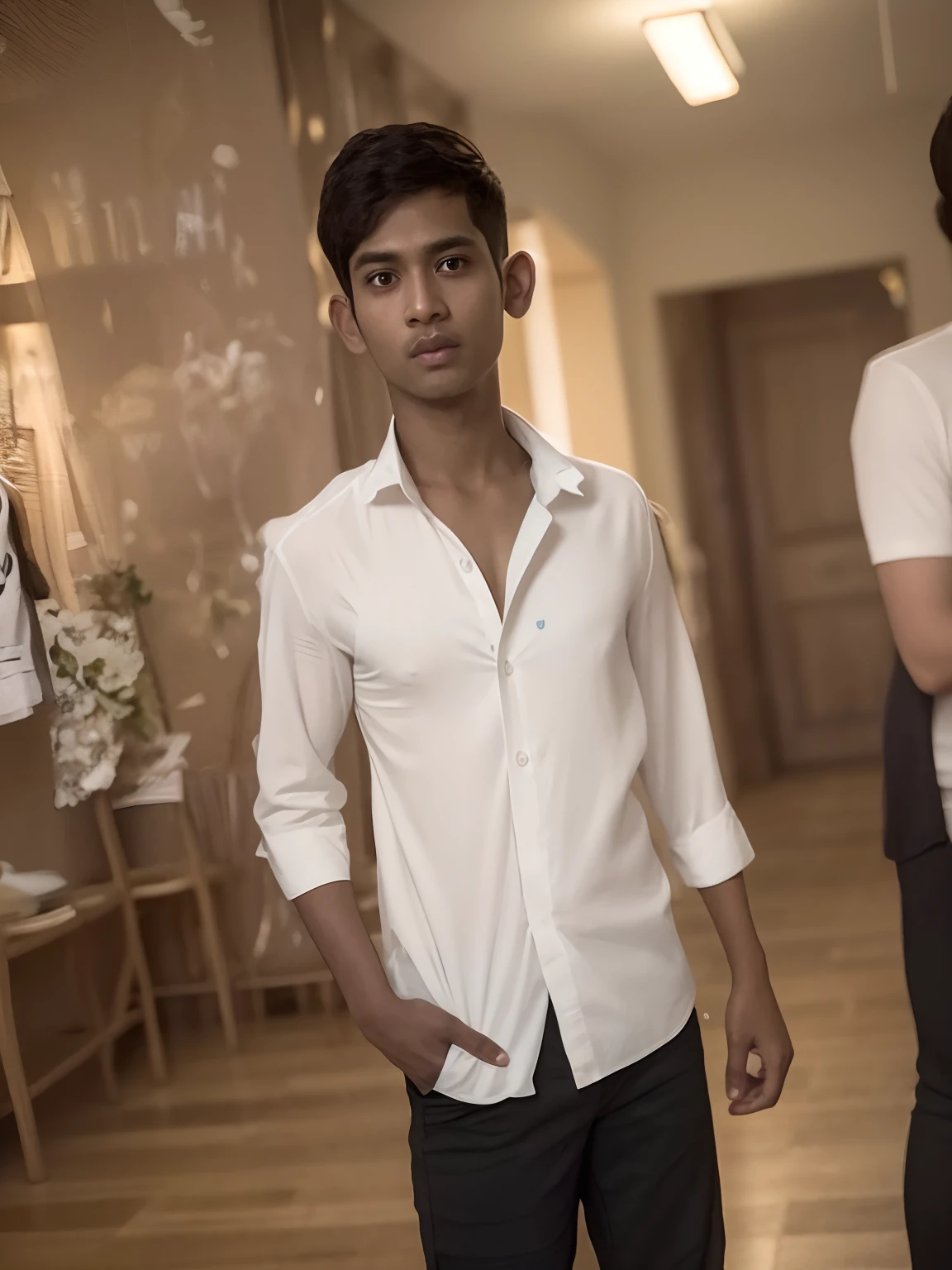 there are two men standing next to each other in a room, wearing in shirt, ayan nag, wearing white shirt, with lovely look, candid picture, wearing a light shirt, wearing a shirt, portait image, student, nivanh chanthara, mohamed chahin style, thin young male, teenage boy, around 1 9 , vastayan