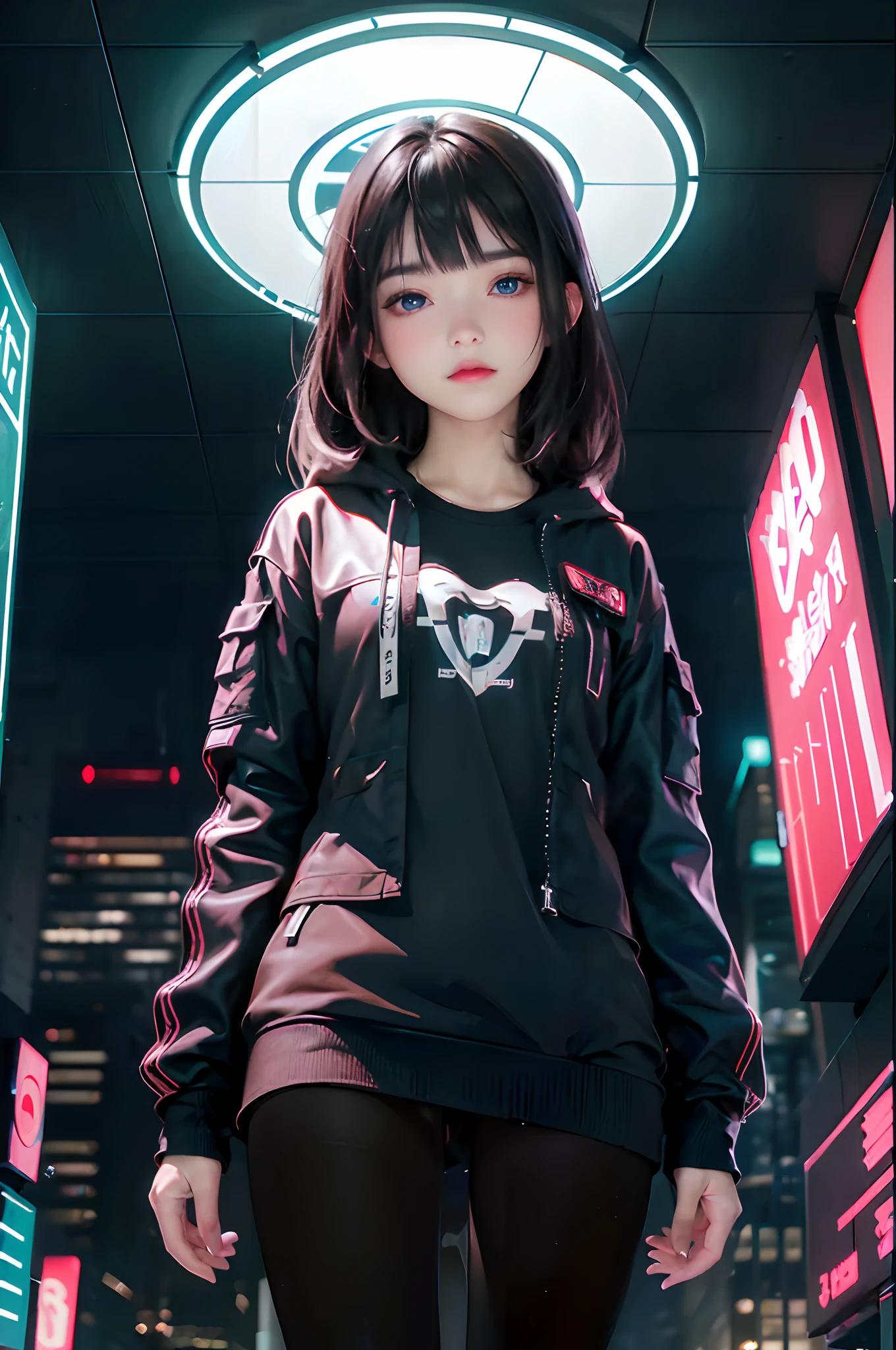 ((top-quality)), (((masterpiece)), (detaileds: 1.4), 3D, Beautiful Cyberpunk Woman Image, bob cuts, Broken black tights, leather clothes, Electromechanical, nffsw(HighDynamicRange), Ray traching, NVIDIA RTX, Hyper-Resolution, Unreal 5, Sub-surface scattering, PBR Texture, Postprocess, Anisotropy Filtering, depth of fields, Maximum sharpness and acutance, Multilayer Texture, Albedo and Highlight Maps, Surface Coloring, Accurate simulation of light-material interactions, perfectly proportions、octane renderings、two tone lighting、Large aperture、Low ISO、White Balance、thirds rule、8K Raw、masterpiece、top-quality、(8k extremely detailed CG unit wallpaper)(top-quality)、(The best illustrations)、(Best Shadows), innocent blue eyes, long hair, big titt