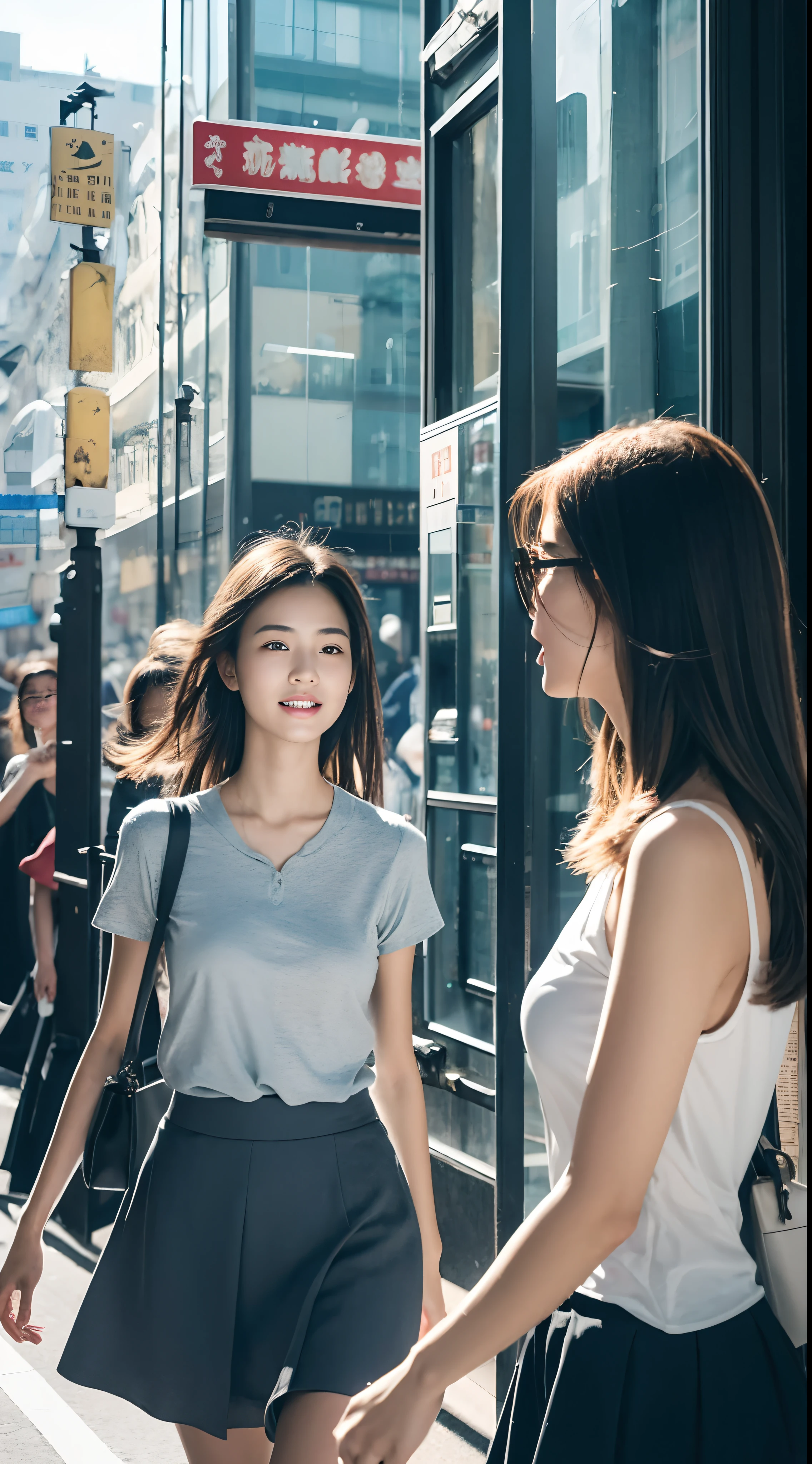 Two girls: A -yeld giwalks in front of a zebra crossing at a traffic light on a Hong Kong street，Extreme light and shadow，Aurora chase，Extremely strong reflected light，Extreme shadows，blue-sky，The sun shines on the face，enjoying life，Healing pictures，（Smile 0.9）（Upper body close-up 1.2）（Great view 1.2）（Clean background 1.2）（Delicate facial features1.3）（Perfect body 1.1）（Flat chest 1.1）（Global illumination 1.2）（Surreal scenario 1.3）（Short gray skirt 1.3），rendering by octane，CGSociety trends，（Ultra-delicate eye structure 1.3）（There is reflected light in the eye1.3）（Bust close-up 1.3）（Young and energetic1.3）（Playful 1.3）（Long hairstyles，Thick hair1.2）（youthfulenergy）（Texture 1.3）（Tyndall Light and Shadow 1.2）Behind is a blurry Hong Kong red tram