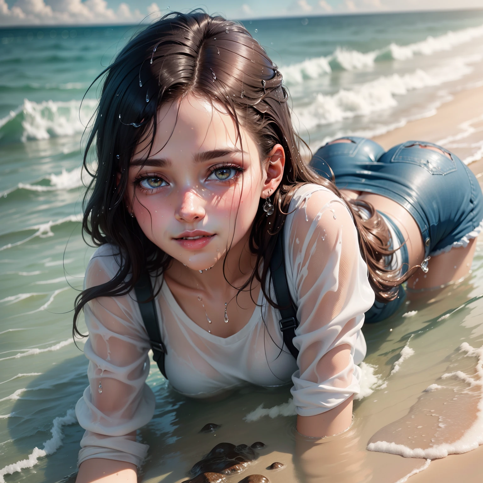 masterpiece, best quality, absurdres, perfect anatomy, 1girl, solo, all fours, in shallow water, beach foreshore behind, horizon, long sleeved shirt, jeans, round face, dark skinned young woman, closeup fantasy with water magic,((shallow water)), ((wet sand)), beautiful maiden,  realistic oil painting, dripping wet,  woman soaked by waves, beautiful realistic painting, nymph in the water, hyperrealist portrait in ocean, hyperrealistic fantasy photo, realistic fantasy painting, cute shot, narrow depth of field, portrait, early morning, 8k, drenched, ((soaked)), dripping water, dripping oil, heavy clothes, soaked in oil, wet all over, short dark hair, wet dripping hair, pov shot, posing, soft twilight, ((looking at viewer)), smile