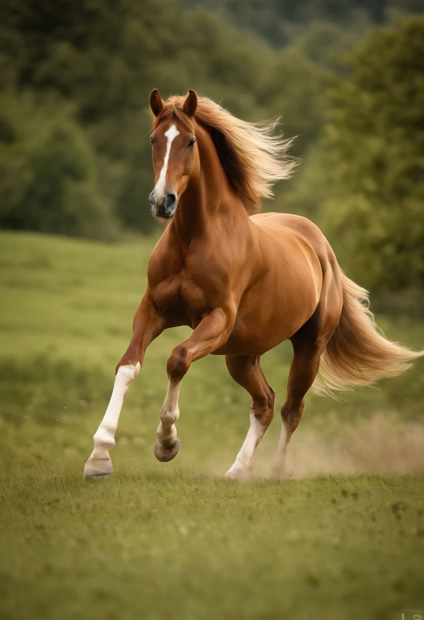 Full body photo，(Best quality,4K,A high resolution,Masterpiece:1.2),Ultra-detailed,Realistic,sportrait,Giant horses,Galloping stallions,full bodyesbian,elegant,Graceful,Strong presence,rippling muscles,flowing mane and tail,Curved neck and arched back,Sharp focus,intense eyes,The nostrils buzz,Hoofs hit the ground,Dust flying in the air,Graze on green meadows,Magnificent creatures,Imposing body,Robust construction,Vivid colors,Soft lighting,Subtle shadows,neutral color palette.