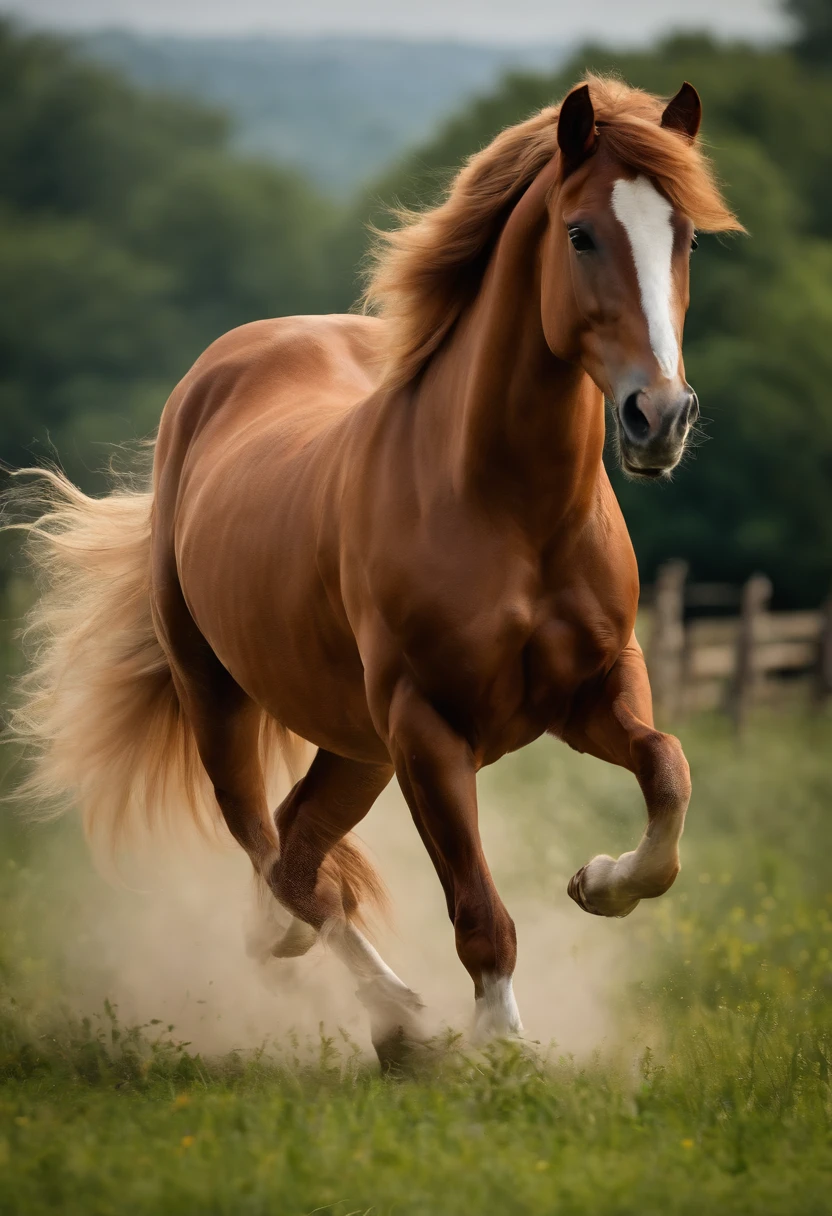 Full body photo,(Best quality,4K,A high resolution,Masterpiece:1.2),Ultra-detailed,Realistic,sportrait,Giant horses,Galloping stallions,full bodyesbian,elegant,Graceful,Strong presence,rippling muscles,flowing mane and tail,Curved neck and arched back,Sharp focus,intense eyes,The nostrils buzz,Hoofs hit the ground,Dust flying in the air,Graze on green meadows,Magnificent creatures,Imposing body,Robust construction,Vivid colors,Soft lighting,Subtle shadows,neutral color palette.