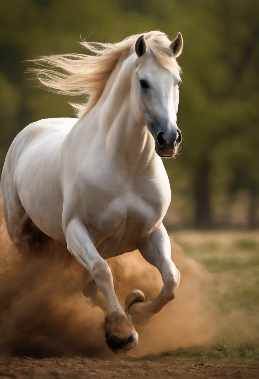 Full body photo，(Best quality,4K,A high resolution,Masterpiece:1.2),Ultra-detailed,Realistic,sportrait,Giant horses,Galloping stallions,full bodyesbian,elegant,Graceful,Strong presence,rippling muscles,flowing mane and tail,Curved neck and arched back,Sharp focus,intense eyes,The nostrils buzz,Hoofs hit the ground,Dust flying in the air,Graze on green meadows,Magnificent creatures,Imposing body,Robust construction,Vivid colors,Soft lighting,Subtle shadows,neutral color palette.