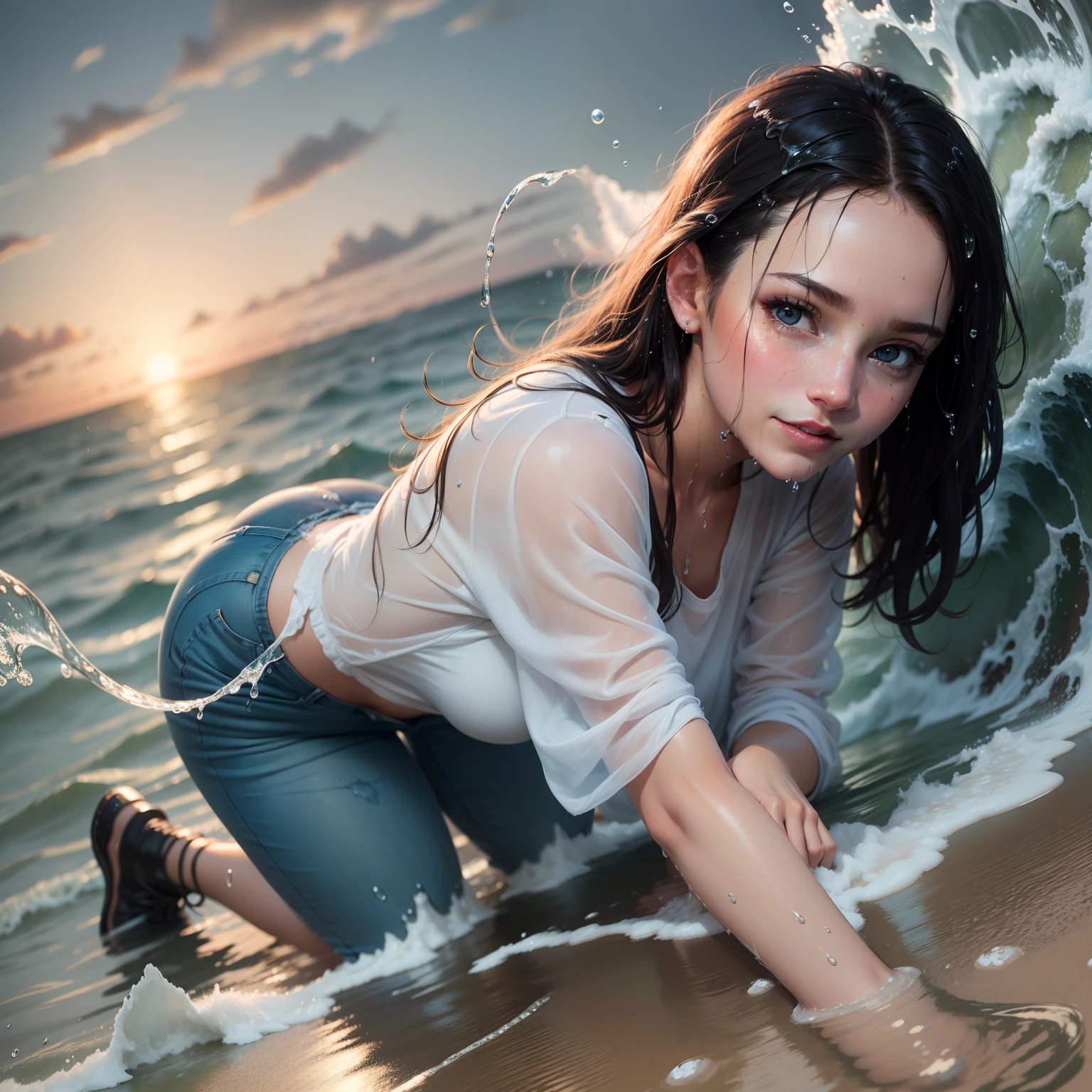 masterpiece, best quality, absurdres, perfect anatomy, 1girl, solo, all fours, in shallow water, beach foreshore behind, horizon, long sleeved shirt, jeans, round face, dark skinned young woman, closeup fantasy with water magic,((shallow water)), ((wet sand)), beautiful maiden, realistic oil painting, dripping wet, woman soaked by waves, beautiful realistic painting, nymph in the water, hyperrealist portrait in ocean, hyperrealistic fantasy photo, realistic fantasy painting, cute shot, narrow depth of field, portrait, early morning, 8k, drenched, ((soaked)), dripping water, dripping oil, heavy clothes, soaked in oil, wet all over, short dark hair, wet dripping hair, pov shot, posing, soft twilight, ((looking at viewer)), smile