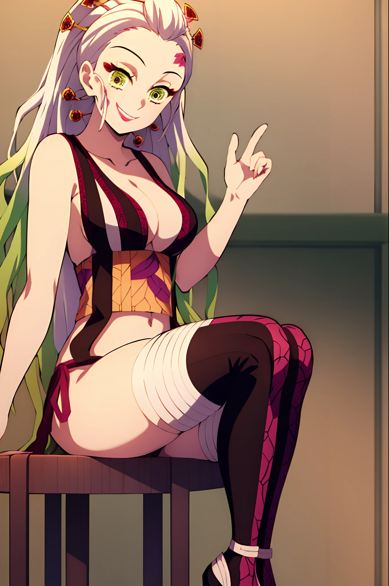 kimetsu no yaiba style, masterpiece, best quality, DakiV4, 1girl, solo, long hair, breasts, looking at viewer, smile, hair ornament, thighhighs, cleavage, very long hair, underwear, panties, white hair, multicolored hair, green hair, gradient hair,