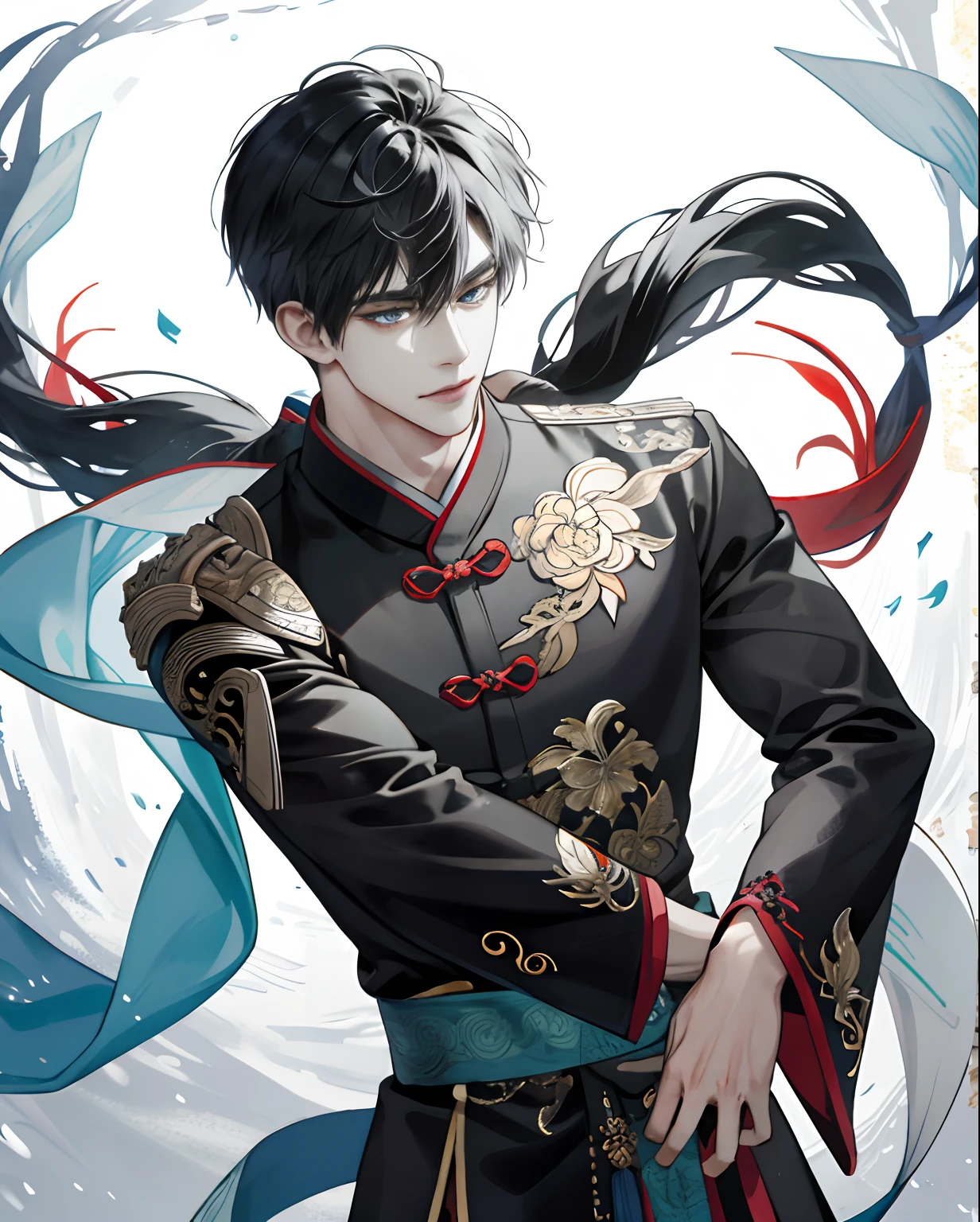 (hoang lap,A high resolution,Hyper-detailing),1boys,Slim beautiful man,Complicated details,enlarged textures,Complicated details,Fine eyes and detailed face,Complicated details,Hair as white as snow,(Keep one's mouth shut),perfect eyes,matching eyes,Light and shadow,魅惑的,Cold,slightly long hair,Affectionate,ink and watercolor painting,ancient Chinese costume,