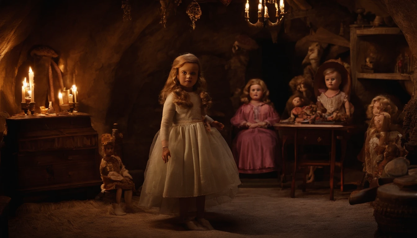 basement, hidden chamber, shrine, dolls, bizarre trinkets, surrounded a dusty family portrait, expressions of terror