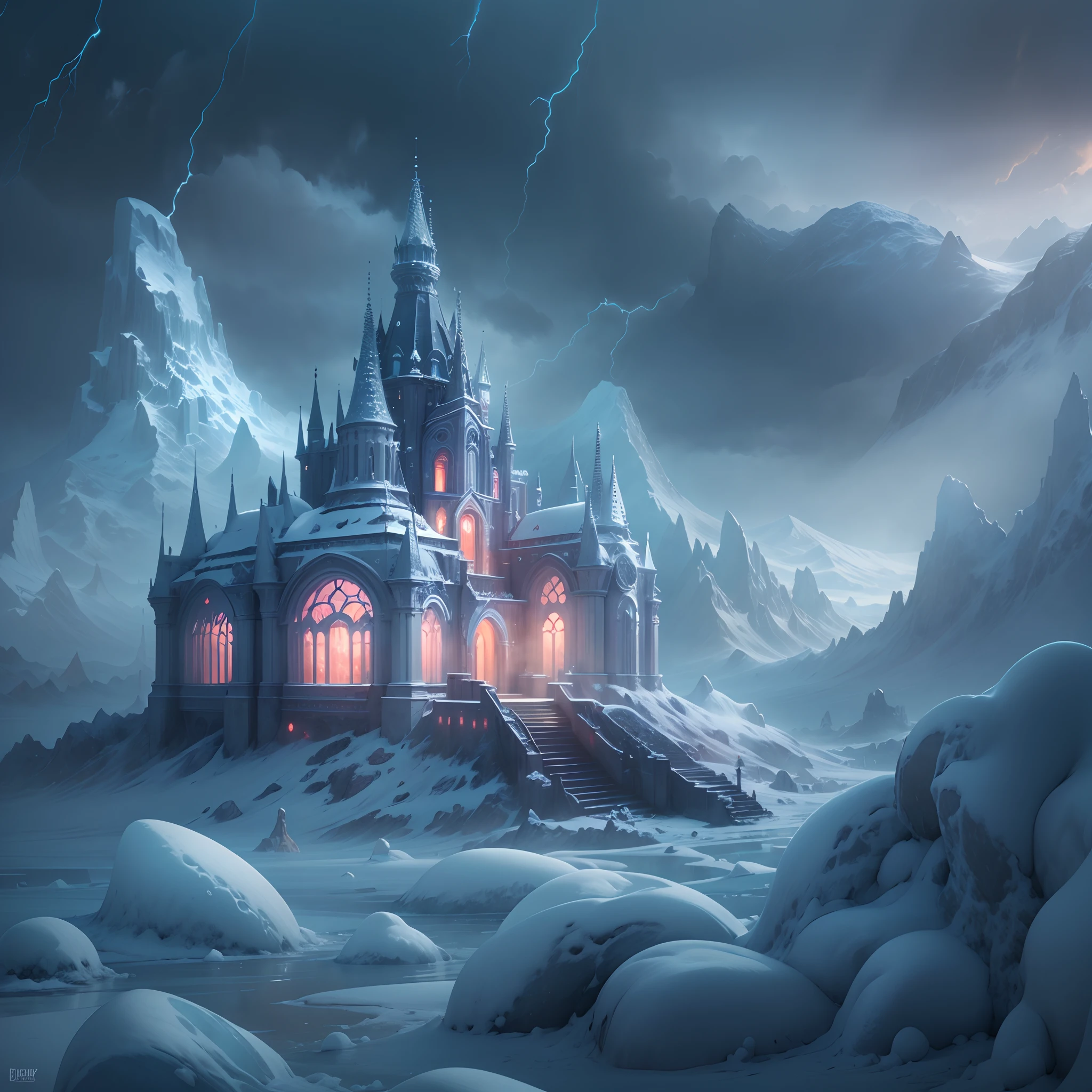 ModelShoot style, (Extremely detailed Cg Unity 8K wallpaper),Snowy mountain landscape with fog,South Pole,aurora,snow mountains,Igloo,Ice sculpture palace,Ice block house,The palace of the Ice Queen,Immerse yourself in the beautiful aurora,photography of:Brandon Woelfelmist,Surreal dreams,Gray atmosphere,raining day,dyna,lut,hdr,Surrealist art fantasy style,Epic digital fantasy art style,Beautiful dream art,