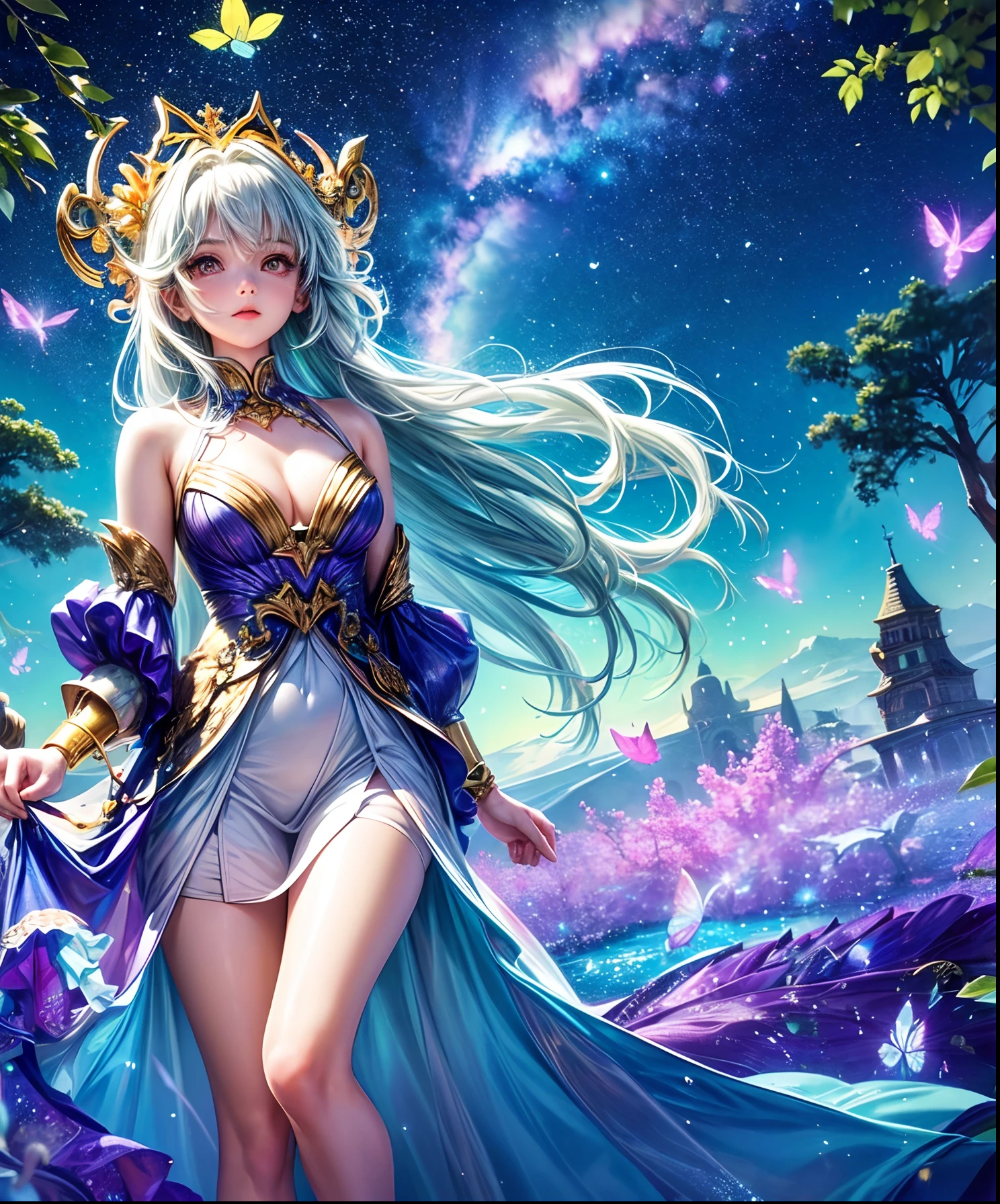 Cute girl characters、Describes a scene with grassy butterflies lying on the water flying around, Looking up at the starry sky. Surround her with colorful nebulae and her favorite constellations.