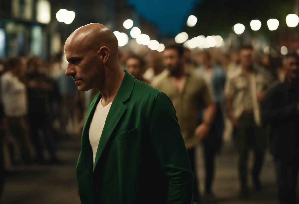 Desenhe uma cena em um local urbano ao ar livre, onde um homem magro e careca, veste uma camisa verde escura, the shirt is short sleeve style, is in the center of the image. The man is bald, o fino, Homem careca fica parado, As pessoas em movimento, criando um desfoque de atividade em torno do fino, bald man, The scene should be represented at an angle that highlights the thin man in the crowd and the urban atmosphere around him. The scene is done in half a scene, The man is facing, The people who are around are out of focus with Blur showing they're moving fast