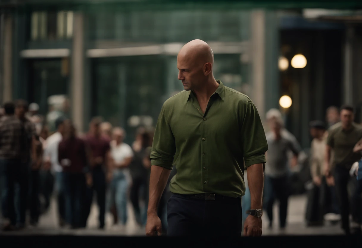 Desenhe uma cena em um local urbano ao ar livre, onde um homem magro e careca, veste uma camisa verde escura, the shirt is short sleeve style, is in the center of the image. The man is bald, o fino, Homem careca fica parado, As pessoas em movimento, criando um desfoque de atividade em torno do fino, bald man, The scene should be represented at an angle that highlights the thin man in the crowd and the urban atmosphere around him. The scene is done in half a scene, The man is facing, The people who are around are out of focus with Blur showing they're moving fast