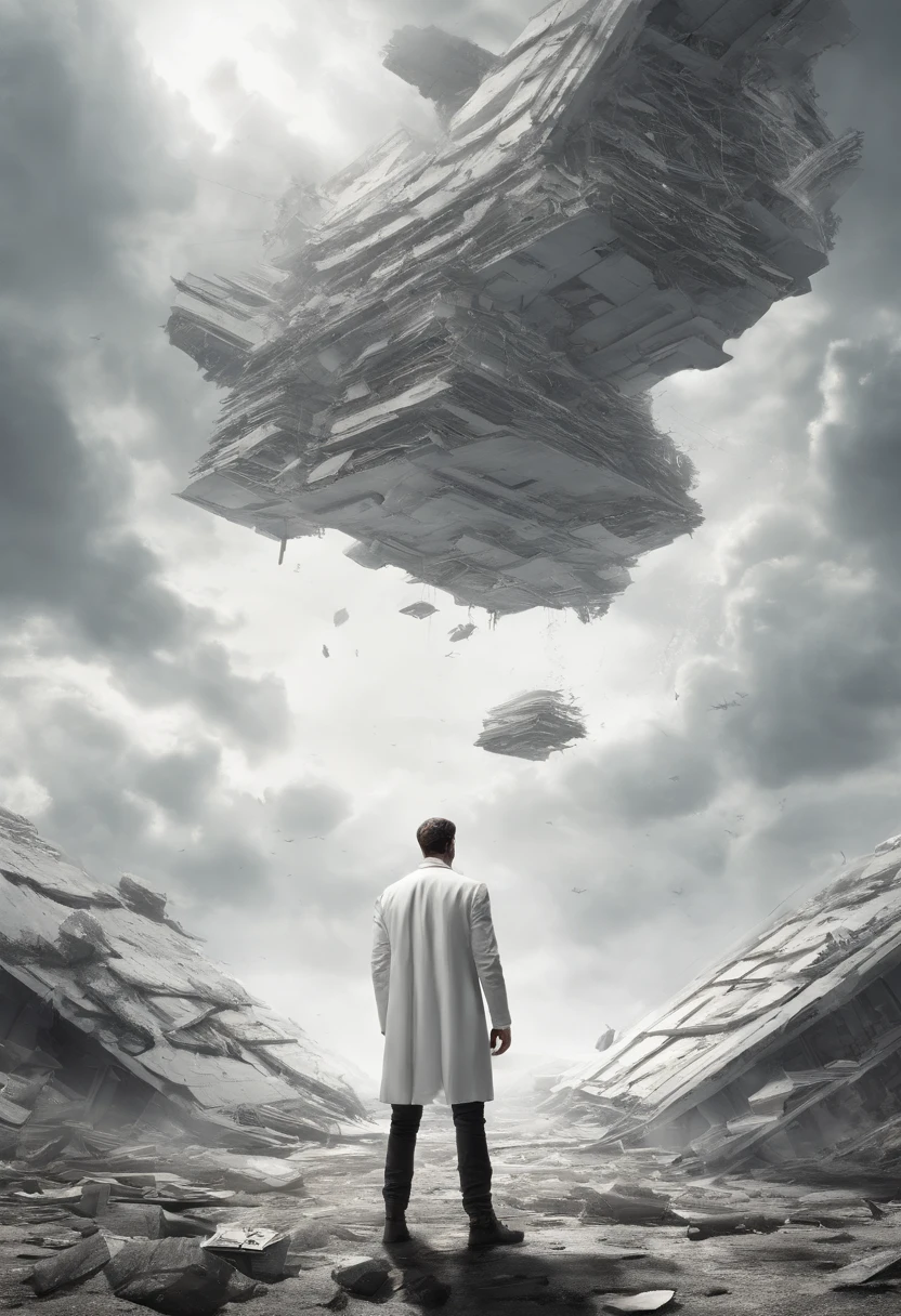 a man standing alone in a white, open space. wearing white clothes . he appear anxious, looking upwards to books flying above him, he is looking intense fear and tension . The camera angle should be a low-angle shot looking up at them