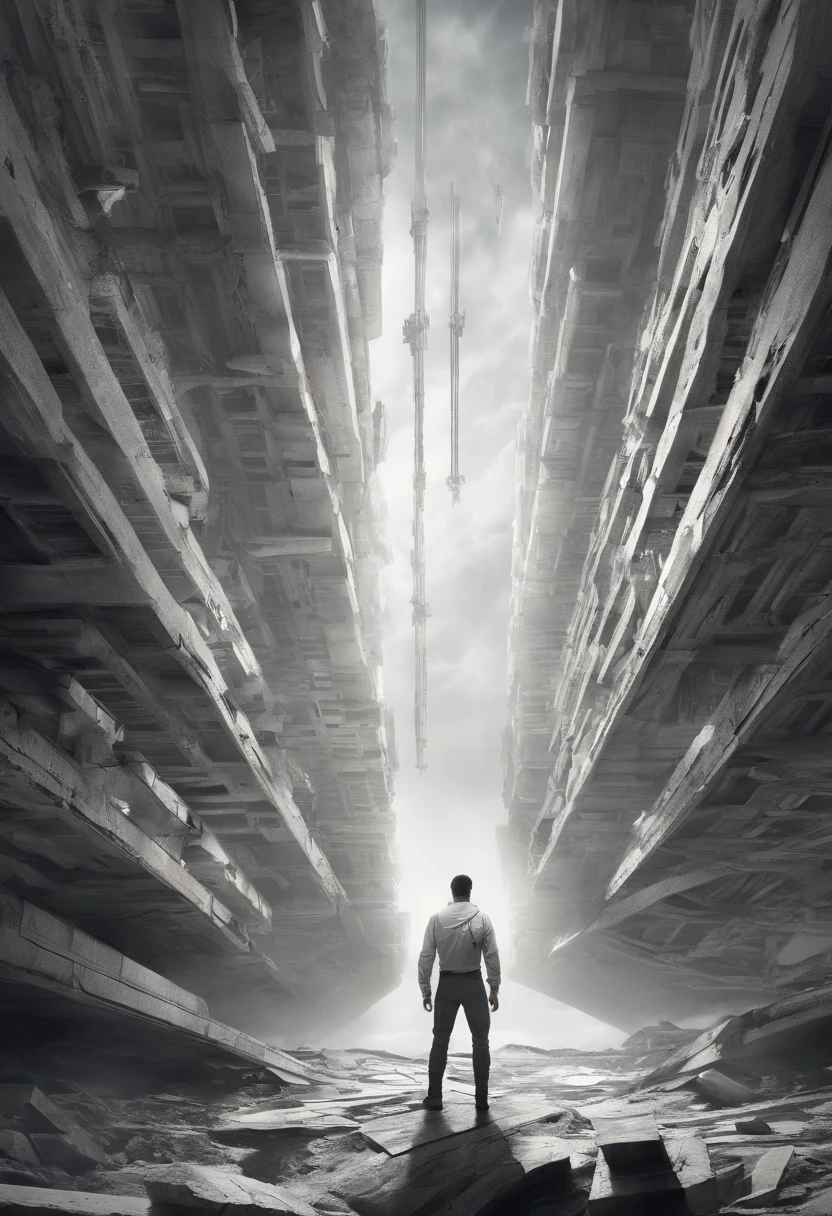 a man standing alone in a white, open space. wearing white clothes . he appear anxious, looking upwards to books flying above him, he is looking intense fear and tension . The camera angle should be a low-angle shot looking up at them