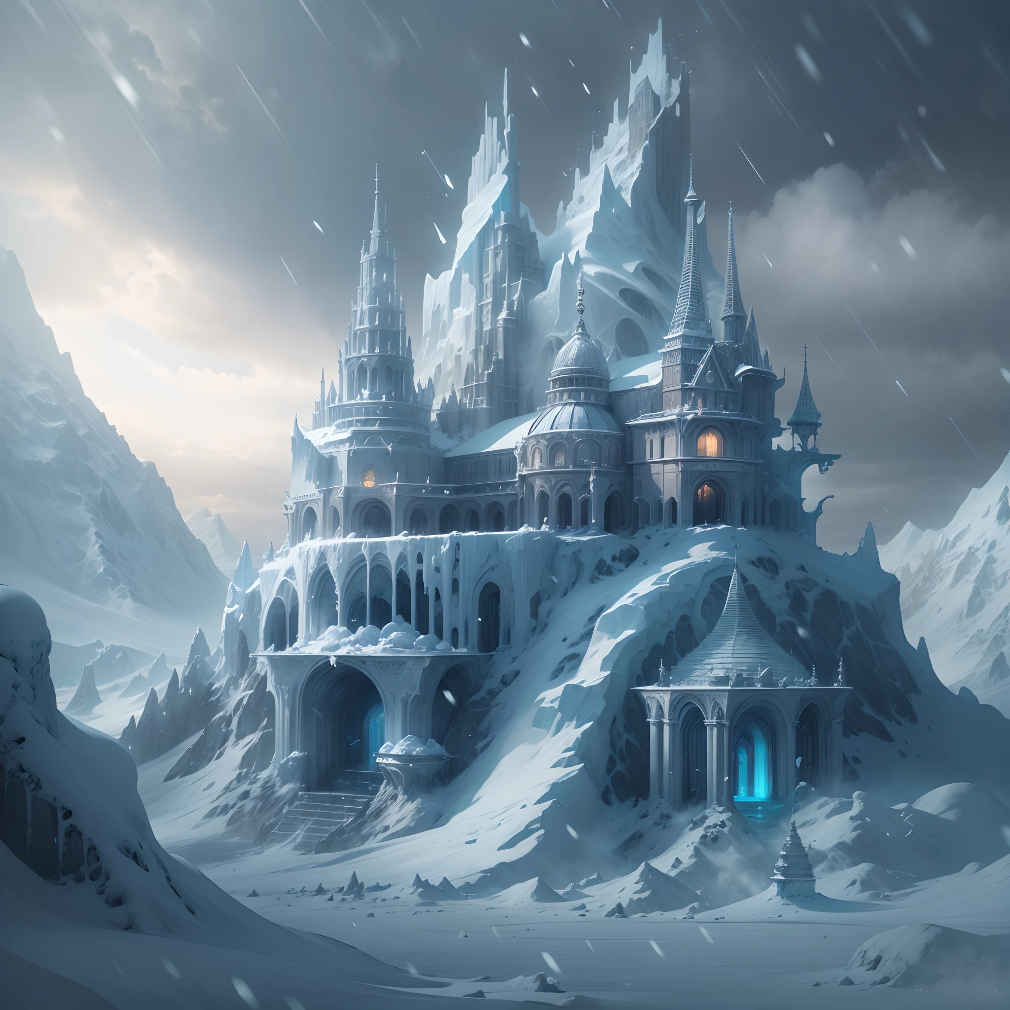 ModelShoot style, (Extremely detailed Cg Unity 8K wallpaper),Snowy mountain landscape with fog,South Pole,aurora,snow mountains,Igloo,Ice sculpture palace,Ice block house,The palace of the Ice Queen,Immerse yourself in the beautiful aurora,photography of:Brandon Woelfelmist,Surreal dreams,Gray atmosphere,raining day,dyna,lut,hdr,Surrealist art fantasy style,Epic digital fantasy art style,Beautiful dream art,