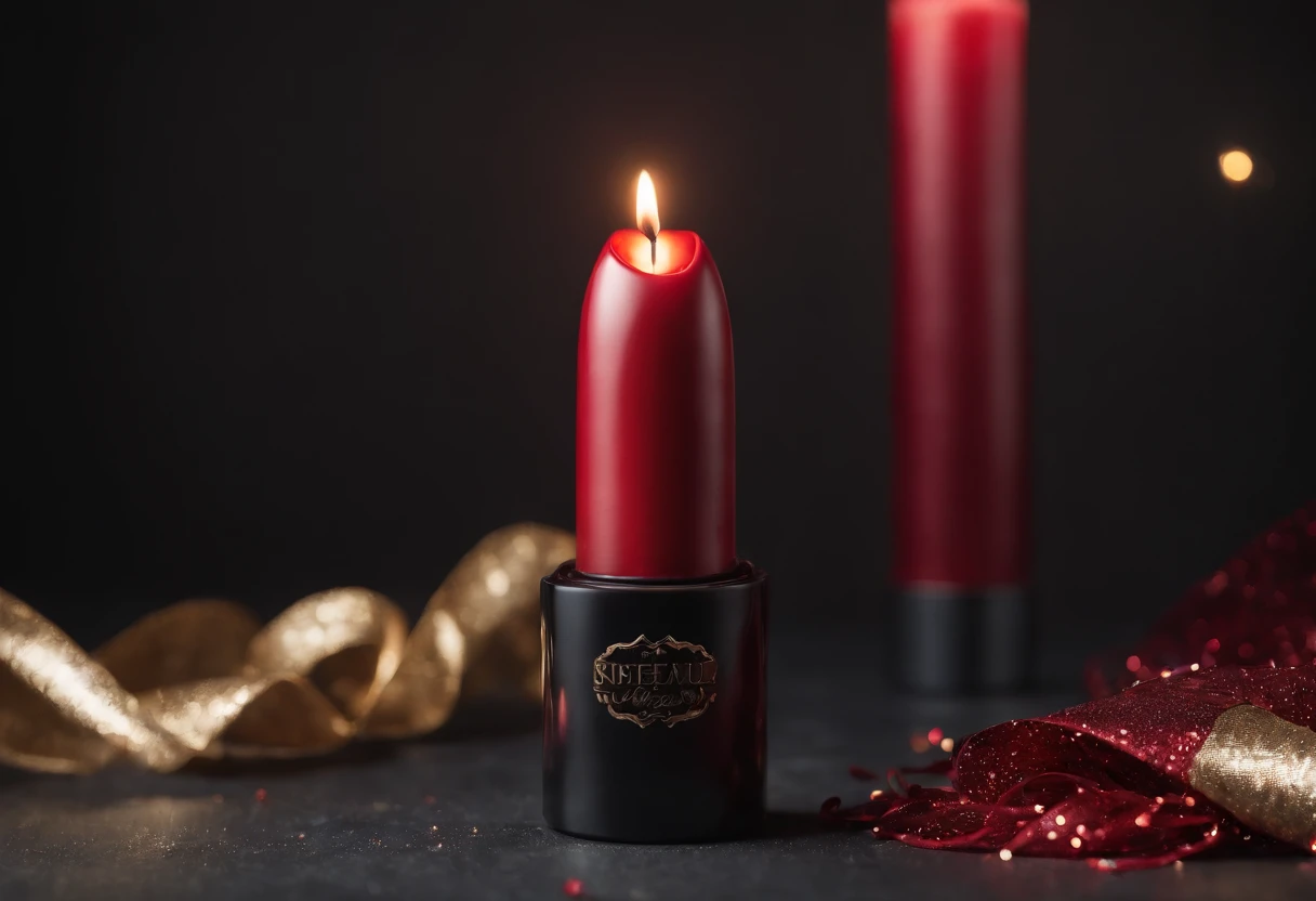 ideas para venta de aniversario fondo negro, Red lipstick on black table surrounded by red streamer, Dorada and Glitter for product photography in photo studio
