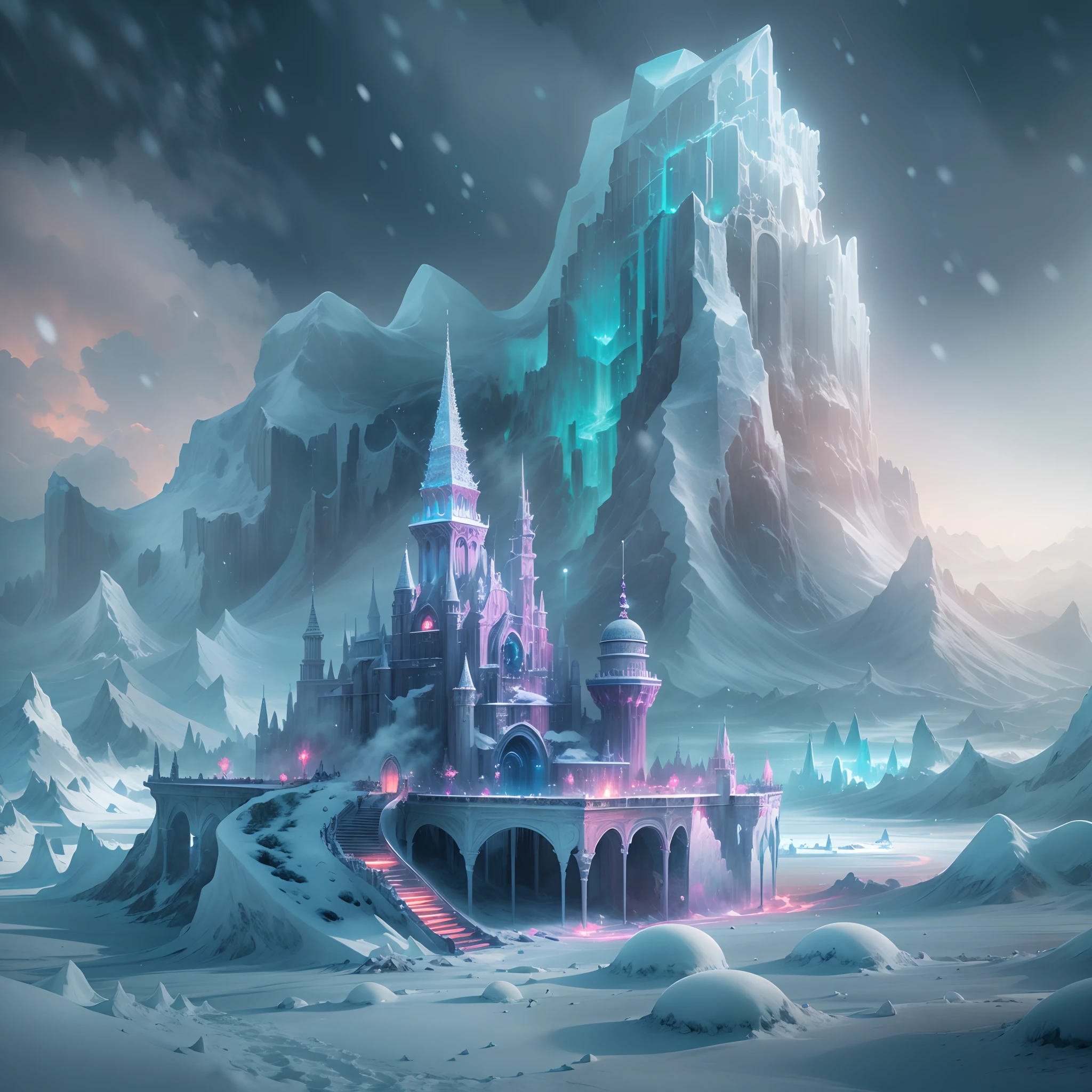 ModelShoot style, (Extremely detailed Cg Unity 8K wallpaper),Snowy mountain landscape with fog,South Pole,aurora,snow mountains,Igloo,Ice sculpture palace,Ice block house,The palace of the Ice Queen,Immerse yourself in the beautiful aurora,photography of:Brandon Woelfelmist,Surreal dreams,Gray atmosphere,raining day,dyna,lut,hdr,Surrealist art fantasy style,Epic digital fantasy art style,Beautiful dream art,