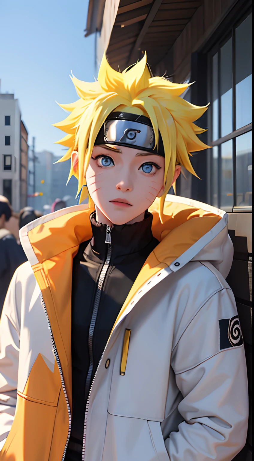 Masterpiece, Superb Style, hypebeast chothes, Outdoor, Upper Body, Uzumaki Naruto, blue eyes, short yellow hair,a boy