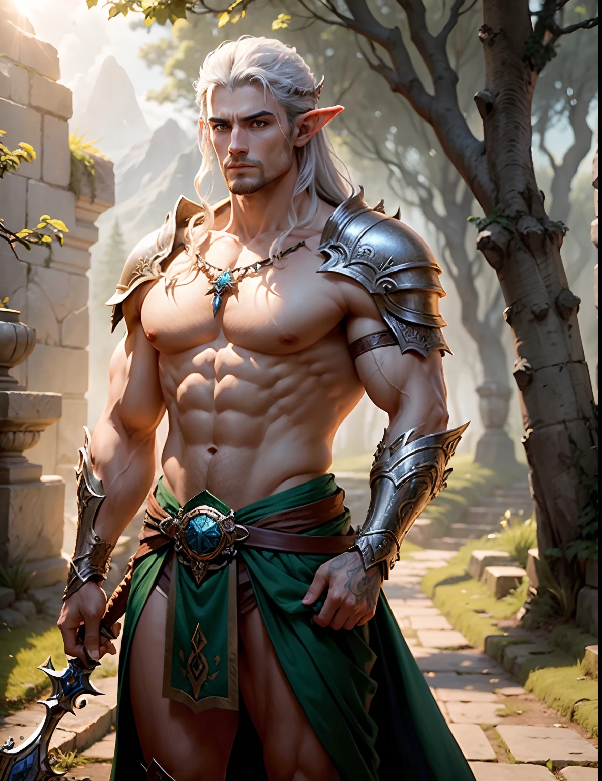 Handsome and dashing elf man, Wearing a Roman belt, Shirtless, White hair, Elf Al, Play with the waterfall, In a forest, perfect lights, a magical forest, Perfectly drawn, high-definition photograph, photograph realistic, Extremely detailed picture, 4K quality，There are 3 of them