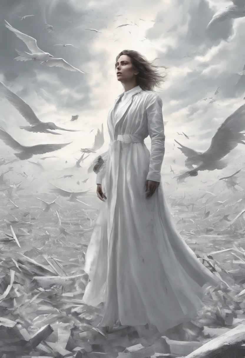 A person, dressed in white, stands on a white field, looking up at the sky with intense fear and tension on their face. Books are flying through the air, swirling around the person