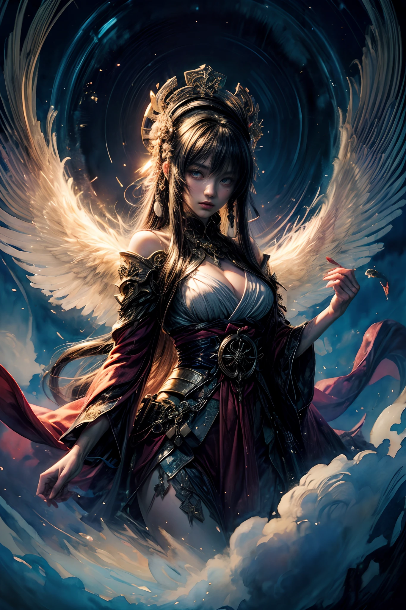 (masutepiece, of the highest quality, Best Quality, Official art, (Beautiful and aesthetic:1.4), (watercolor paiting:1.4) ), (Tsukuyomi:1.5), Japan mythological gods々々, Ephemeral beauty, An ethereal presence in the moonlight, God's Grace, Gentle and meditative expression, Flowing Celestial Garments, Silver glow illuminating nocturnal landscapes, Dance of Darkness and Light, Whispers of ancient lore