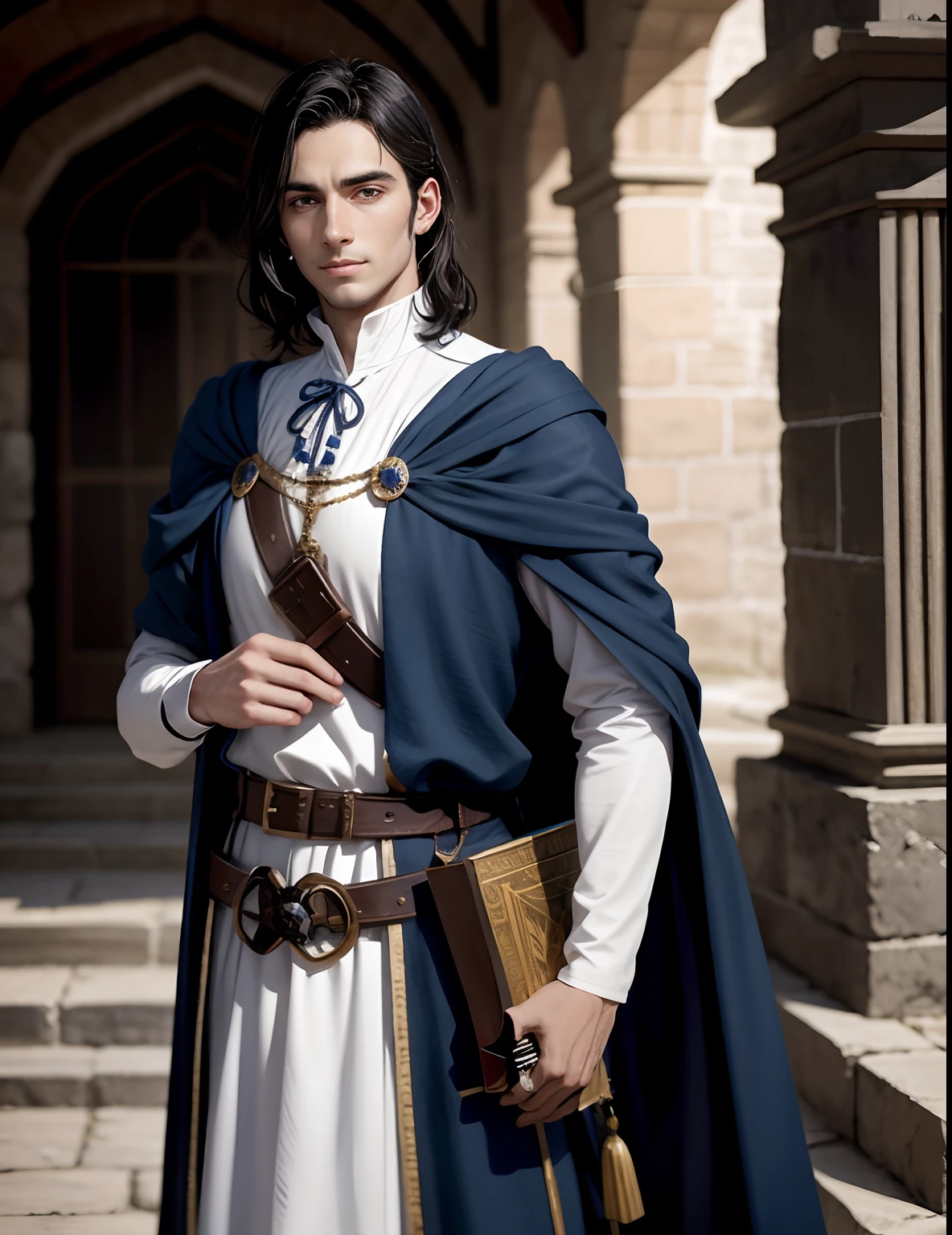 A handsome medieval man with handsome short black hair, British-style face, fair skin, dark blue pupils, showing a sly smile, wearing blue and white aristocratic clothing, with golden patterns all over the clothes, in a fantasy world world.