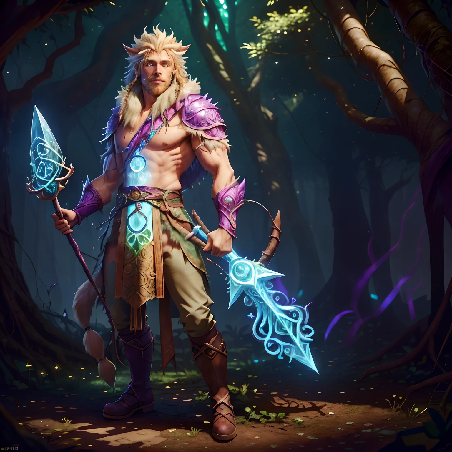 Model No.: Lyriel ,DruidMagicAI ,BiopunkAI 2 , Man with blonde hair , dressed in a wolfskin costume , It stands in full growth against the background of the forest , His boots are visible , A magic staff is visible in his hand , Front light.