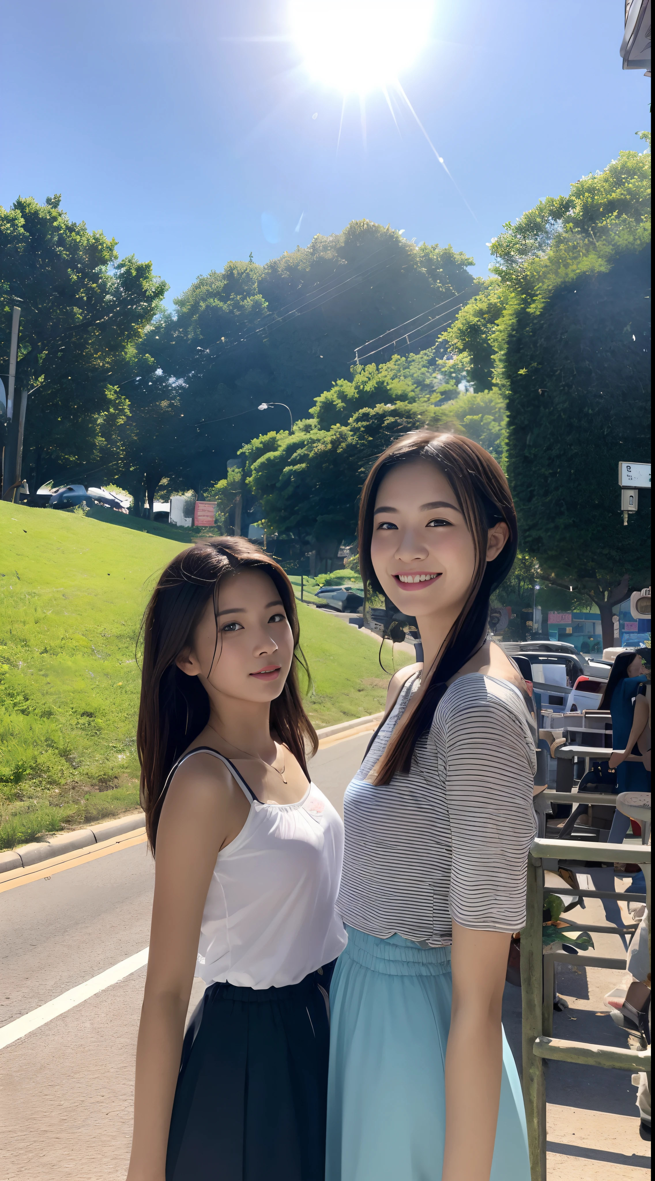 Two girls: A 16-year-old girl on the side of a road full of food stalls in Hunan Province,(Head down and play with your phone1.2)Extreme light and shadow,Aurora chase,Extremely strong reflected light,Extreme shadows,blue-sky,The sun shines on the face,enjoying life,Healing pictures,(Smile 0.9)(Upper body close-up 1.2)(Great view 1.2)(Clean background 1.2)(Delicate facial features1.3)(Perfect body 1.1)(Flat chest 1.1)(Global illumination 1.2)(Surreal scenario 1.3)(Short gray skirt 1.3),rendering by octane,CGSociety trends,(Ultra-delicate eye structure 1.3)(There is reflected light in the eye1.3)(Bust close-up 1.3)(Young and energetic1.3)(Playful 1.3)(Takamaruko head 1.2)(youthfulenergy)(Texture 1.3)(Tyndall Light and Shadow 1.2)Behind is a blurry Hong Kong red tram,The roadside is full of food stalls