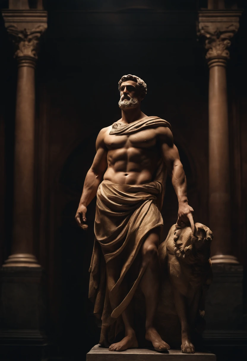 stoic gricki stock
which is historic greek status with
muscles in profile Hercules style
cinematic 8k and dark background