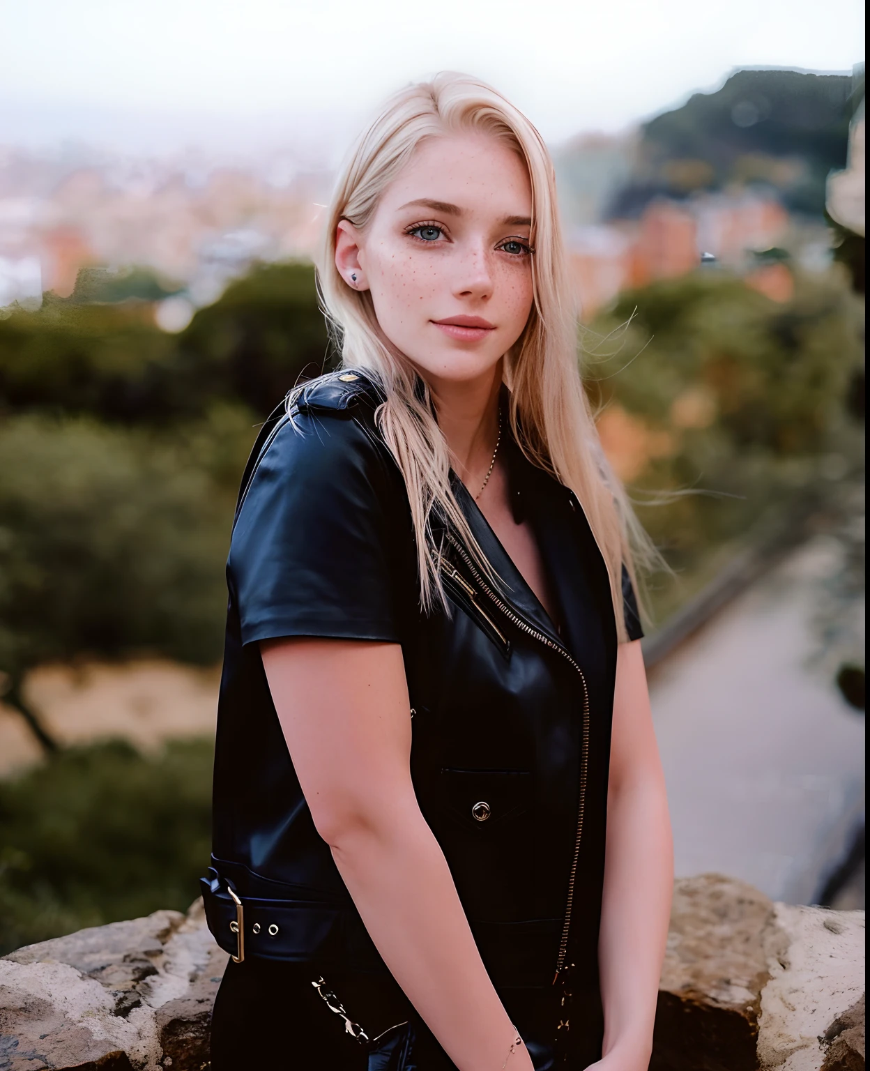 Rosto de uma mulher, americana, 25 anos, pale skin and freckles, olhos cinzas, nariz delicado, soft and delicate lips, cabelo blondie cinza longo e ondulados, sorriso meigo,