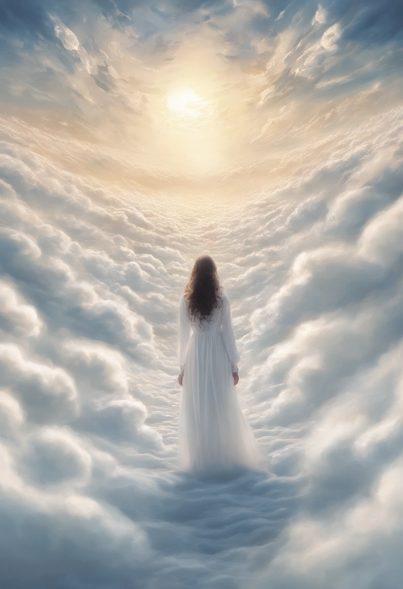 A person, dressed in white, stands on a white field, looking up at the sky with intense fear and tension on their face. Books are flying through the air, swirling around the person . The camera angle should be a low-angle shot looking up at them