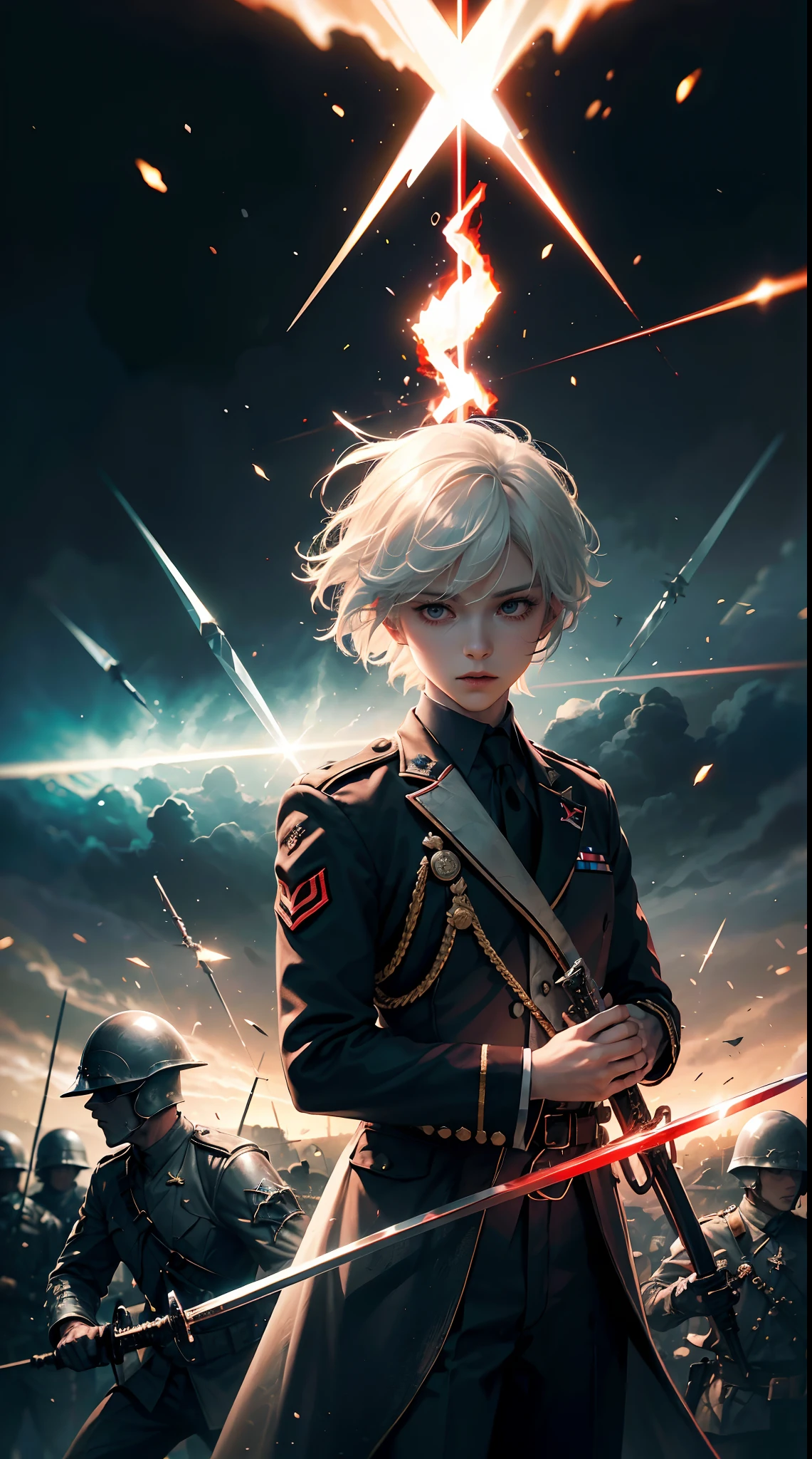 Children boy white hair, holding swords, ww2 black suits, general ww2 hats, soldiers in the background,red blood element,hd light and dark, balance rendering, HD lighting and dark )<=(epic image quality)dark atmosphere with bright particle light(many effects in background)