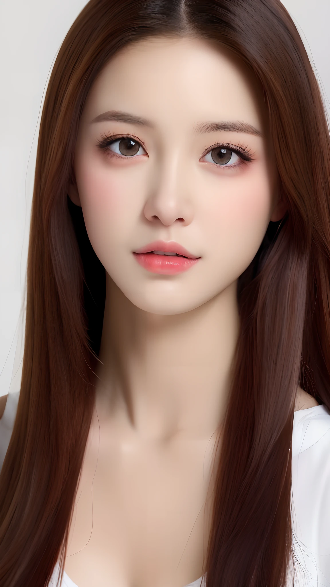 Close up portrait of woman with long brown hair and white top, Popular Korean Makeup, popular south korean makeup, Young adorable Korean face, Gorgeous young Korean woman, Beautiful young Korean woman, beautiful Korean women, korean face features, korean symmetrical face, wan adorable korean face, Coral Brown Hair, Korean Girl, feminine beautiful face, attractive female face!!!