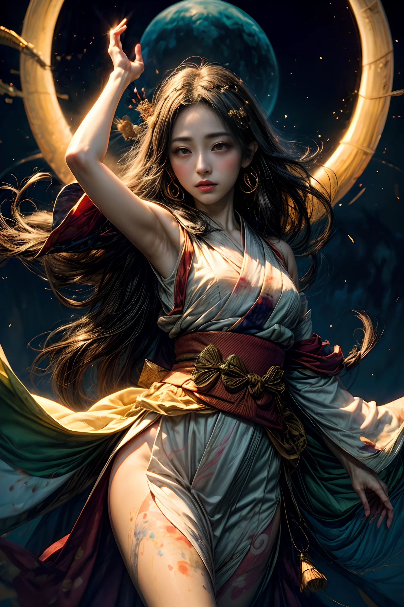 (masutepiece, of the highest quality, Best Quality, Official art, (Beautiful and aesthetic:1.4), (watercolor paiting:1.4) ),  (Amaterasu:1.5), Japan mythological gods々々々, Dignified beauty, sun goddess、Goddess of Life、Support for samsara, God's Grace, Gentle and meditative expression, Flowing Celestial Garments, A golden glow illuminated all landscapes of the earth, A dazzling dance of lights, Whispers of ancient lore