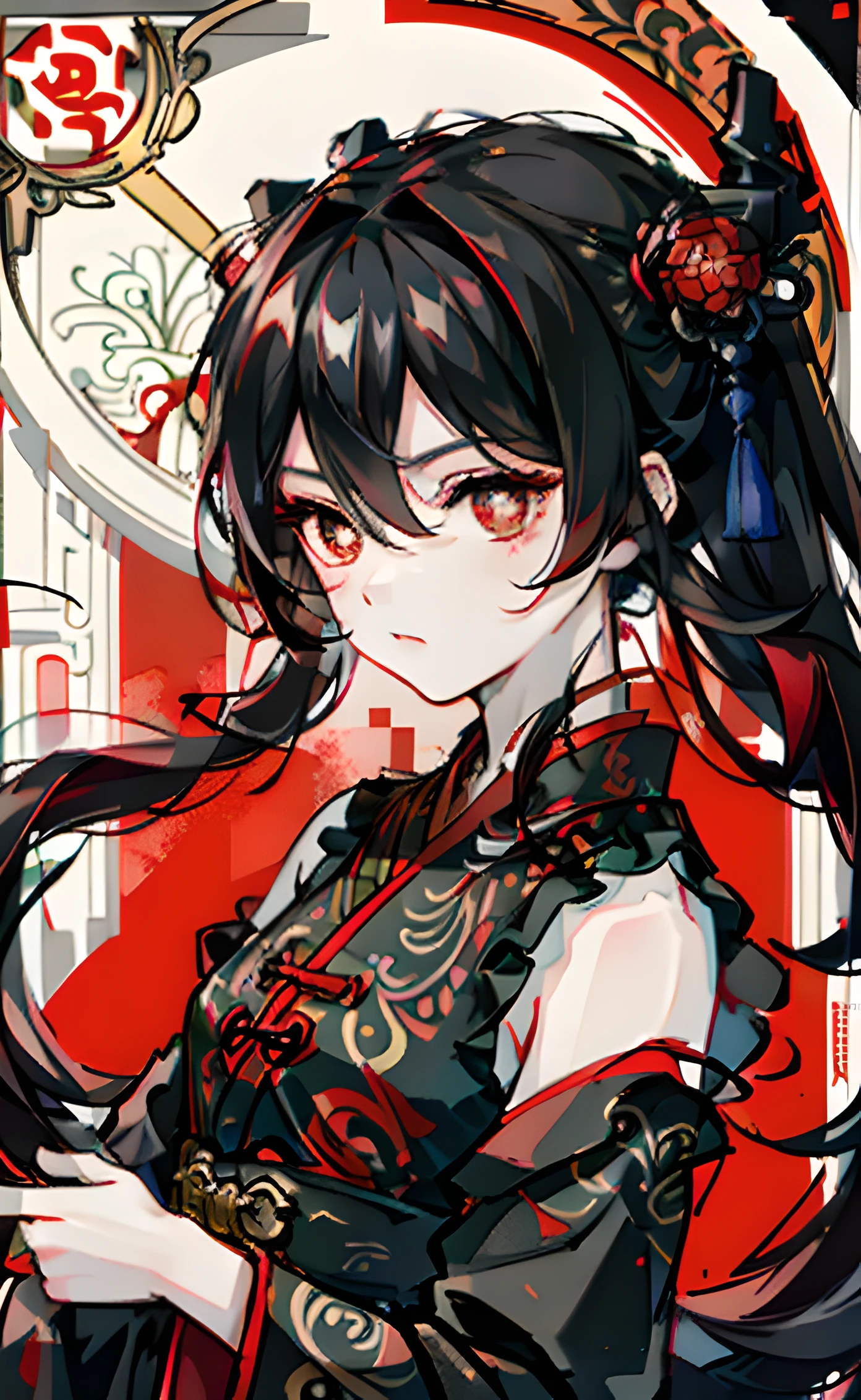 Mature girl, black hair, floating hair, delicate eyes, red pupils, heroine, black and red antique damask hanfu, FOV, f1.8, masterpiece, complex scene, gorgeous portrait shot