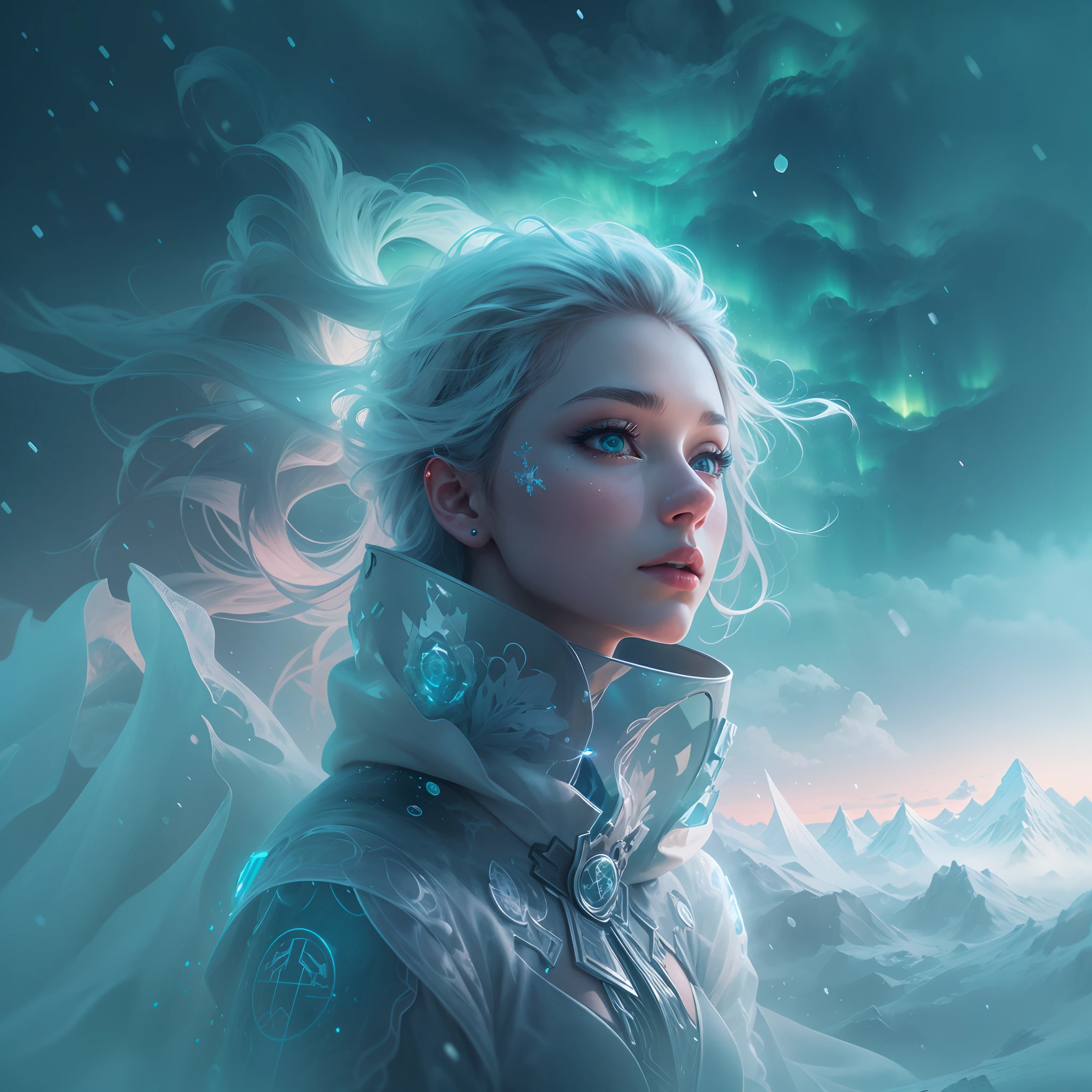 ModelShoot style, (Extremely detailed Cg Unity 8K wallpaper),cyber punk perssonage [Snowy mountain landscape with fog，South Pole，aurora，snow mountains，Igloo]，Ice sculpture palace，Ice block house，The palace of the Ice Queen，Immerse yourself in the beautiful aurora，Live in the clouds of the starry sky，Behind the clouds，（multiple exposure：1.8），(Transparent ethereal girl face blends with aurora，Overlay with snowy mountains)，Multiple elements blend the image，photography of：Brandon Woelfelmist，Surreal dreams，Gray atmosphere，raining day，dyna，lut，hdr，Surrealist art fantasy style，Epic digital fantasy art style，Beautiful dream art, Science-fi digital art illustration,Fantastic digital painting, futuristic digital painting, Fantastic concept art, In front of the sci-fi snowy mountain landscape, science fiction digital art, Fantastic transparent ethereal girl stylized abstract portrait close-up，