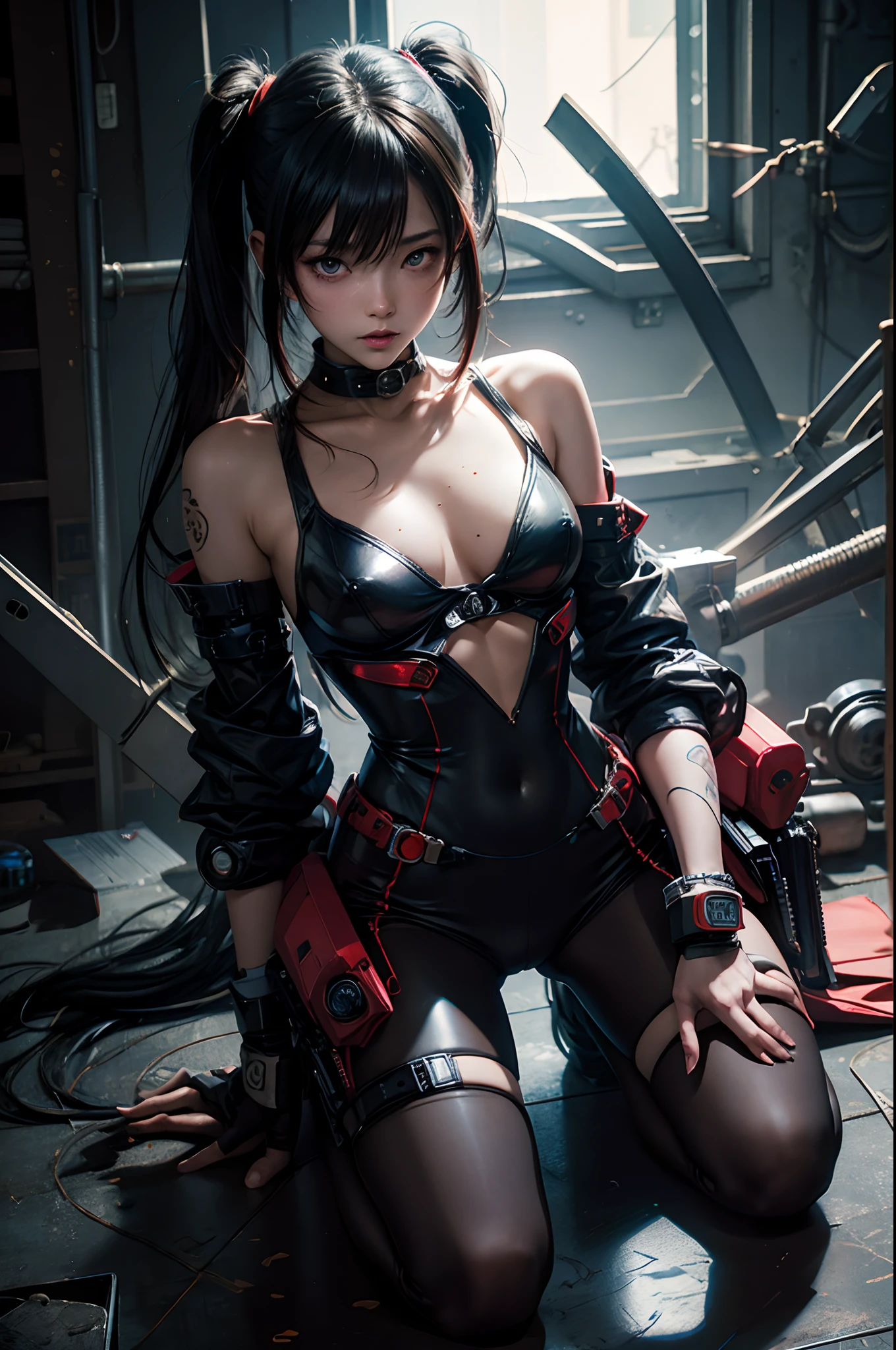 art by katsuya terada, art by range murata, art by akiman, art by JUNNY, Full body shot portrait of cute slender Young Japanese hit girl, Battle Scars, Realistic skin texture, Few moderate moles, wearing a suit, hold a gun, Red Circle nightclub in San Diego, Red and blue cinematic lighting, highly detailed, ray tracing, digital painting, concept art, smooth, sharp focus, illustration, 8k