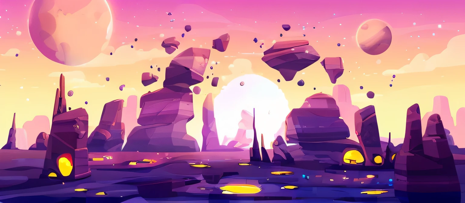 a cartoon illustration of a futuristic landscape with rocks and planets, background art, background artwork, game background, 2 d game art background, mobile game background, 2d game background, rocky environment, videogame background, 2 d game art, 2d game art, space landscape, alien landscape, 2 d game environment design, planet landscape, an alien landscape