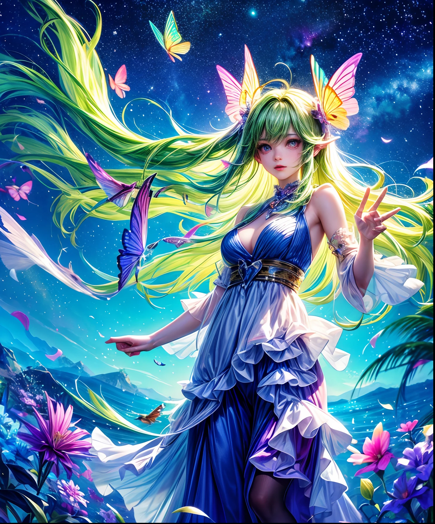 Cute girl characters、Describes a scene with grassy butterflies lying on the water flying around, Looking up at the starry sky. Surround her with colorful nebulae and her favorite constellations.
