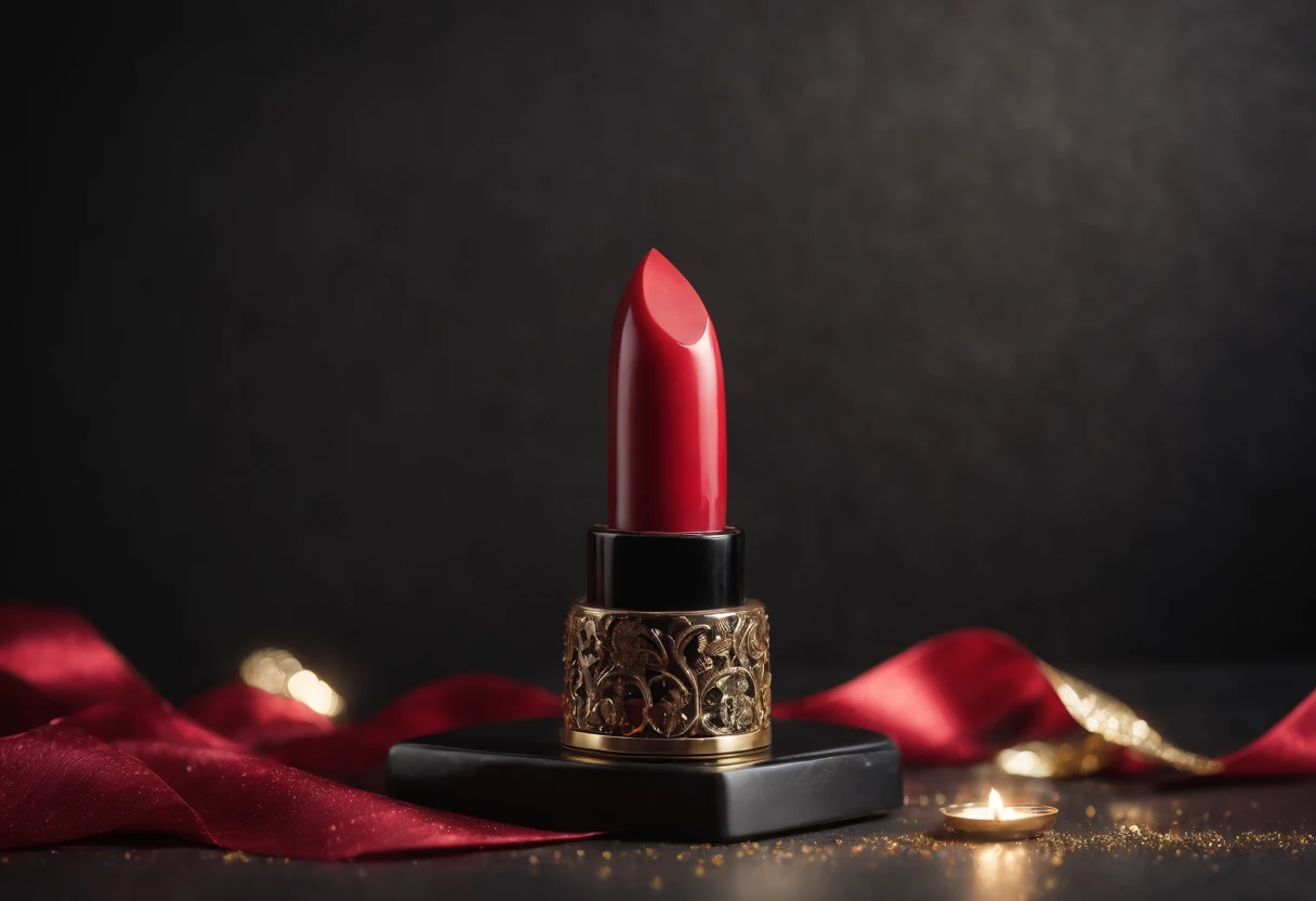 ideas para venta de aniversario fondo negro, Red lipstick on black table with reflection surrounded by lots of red streamer, Gold and Glitter for Product Photography in Low Light Photo Studio