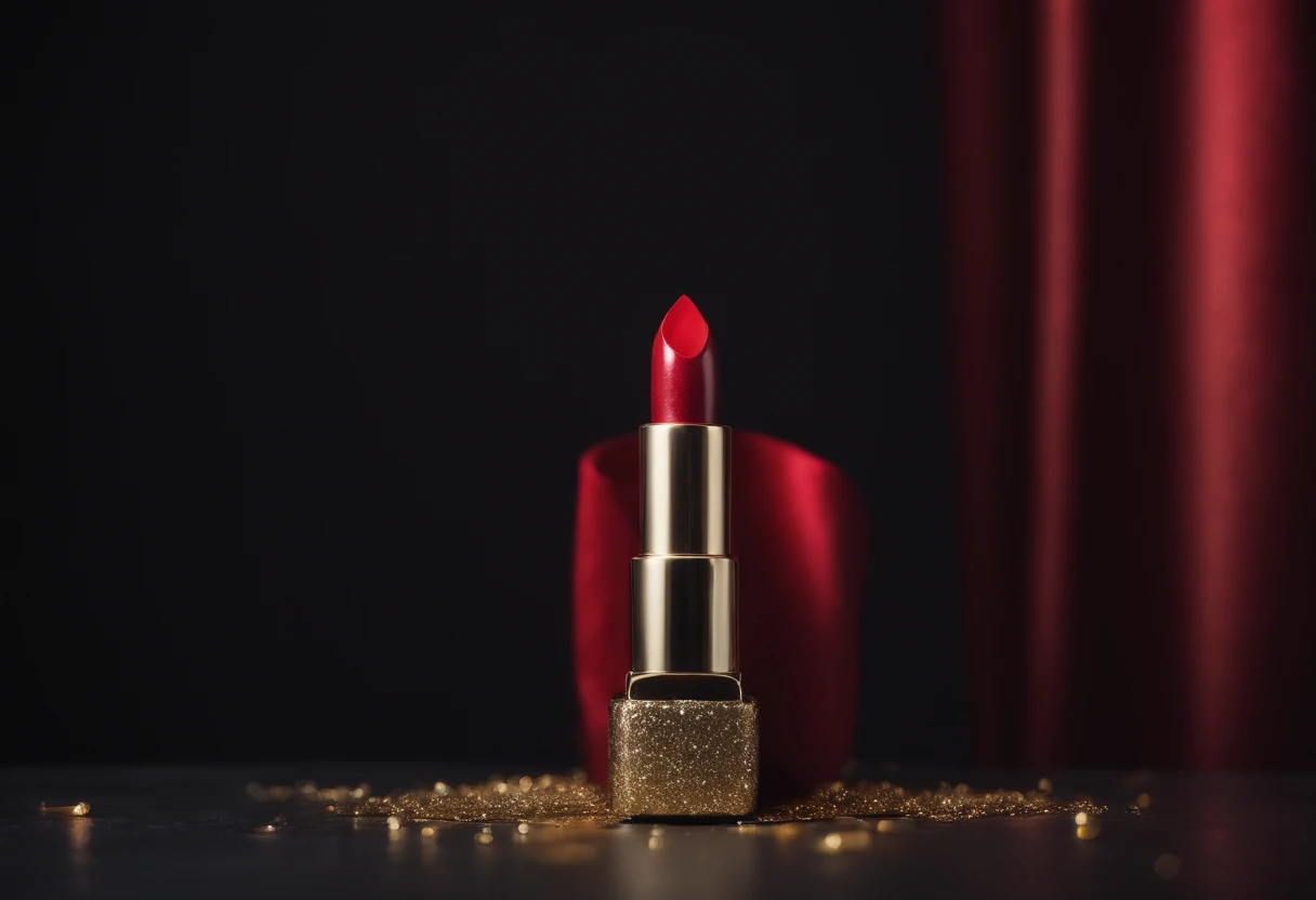 ideas para venta de aniversario fondo negro, Red lipstick on black table with reflection surrounded by lots of red streamer, Gold and Glitter for Product Photography in Low Light Photo Studio
