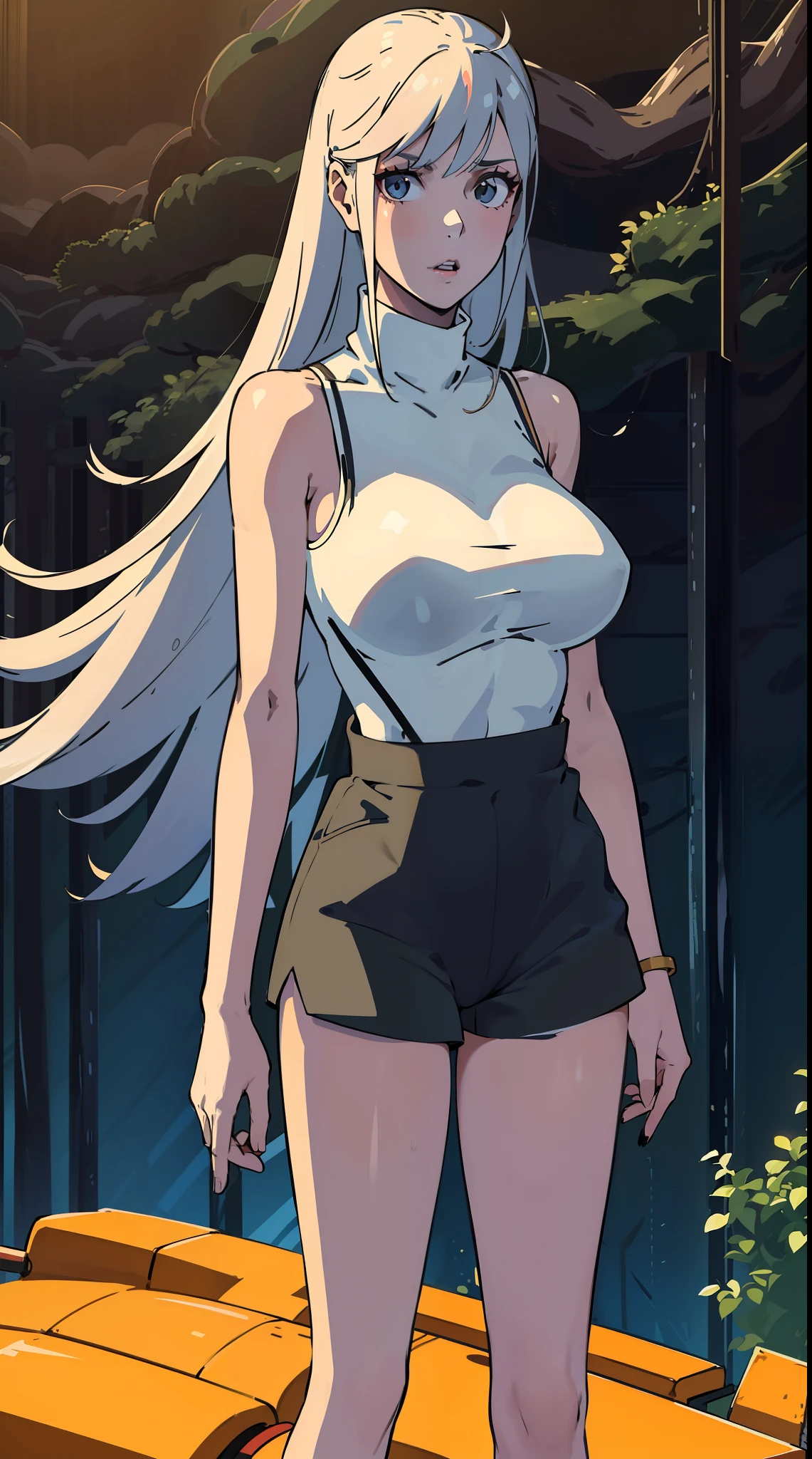 1girll,long whitr hair,sleeveless turtleneck,High-waisted skinny shorts,Black tights,high-heels,huge boob,Huge ,Huge ,Delicate makeup,are standing,staring in the camera,ln the forest,floresta exuberante,The best lighting