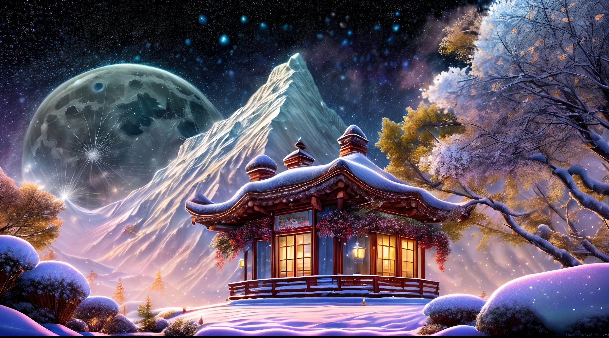 Masterpiece, Best quality, Highly detailed, offcial art, Extremely detailed Cg Unity 8K wallpaper, absurderes, 8K resolution, available  light, In winter, (snow mountains:1.8,snow landscape:1.3,Nature views:1.2),snowflower, Snow,Ice, Hills, ice river, Beautiful detailed sky, Night, stars, (red plum blossom),((winter)),(((snowflower))), ((red and white flowers))，(Starry sky),(Sitting),((Colorful)),scenery, lantern,(Starfall)，High contrast，beautiful detailed glow, detailed ice, beautiful detailed  water, (Cold full moon), snowflower, (floating cloud:1.1),color difference, Detailed, hdr, fashion trends on ArtStation, Fashion trends on CGSociety,