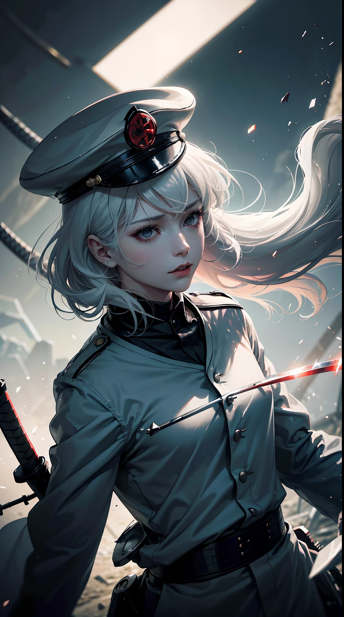 Children boy white hair, holding katana, ww2 black suits, general ww2 hats, soldiers in the background,red blood element,hd light and dark, balance rendering, HD lighting and dark )<=(epic image quality)dark atmosphere with bright particle light(many effects in background)