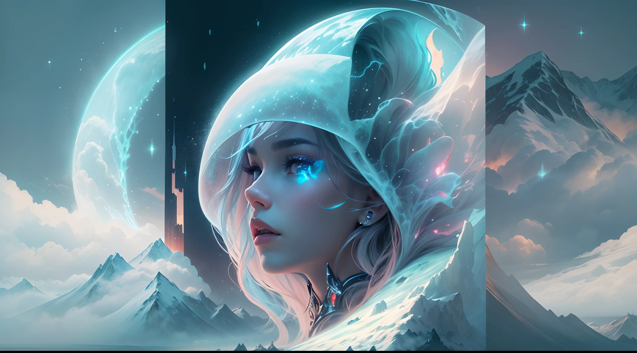 ModelShoot style, (Extremely detailed Cg Unity 8K wallpaper),cyber punk perssonage [Snowy mountain landscape with fog，South Pole，aurora，snow mountains，Igloo]，Ice sculpture palace，Ice block house，The palace of the Ice Queen，Immerse yourself in the beautiful aurora，Live in the clouds of the starry sky，Behind the clouds，（multiple exposure：1.8），(Transparent ethereal girl face blends with aurora，Overlay with snowy mountains)，Multiple elements blend the image，photography of：Brandon Woelfelmist，Surreal dreams，Gray atmosphere，raining day，dyna，lut，hdr，Surrealist art fantasy style，Epic digital fantasy art style，Beautiful dream art, Science-fi digital art illustration,Fantastic digital painting, futuristic digital painting, Fantastic concept art, In front of the sci-fi snowy mountain landscape, science fiction digital art, Fantastic transparent ethereal girl stylized abstract portrait close-up， 4k highly detailed digital art, 4K detailed digital art, detailed fantasy digital art, Digital artwork 4 K, 8K stunning artwork, fantasy concept art portrait, Digital 2D fantasy art, Fantasy art Behance, Beautiful digital artwork, artgerm julie bell beeple, Epic fantasy digital art style