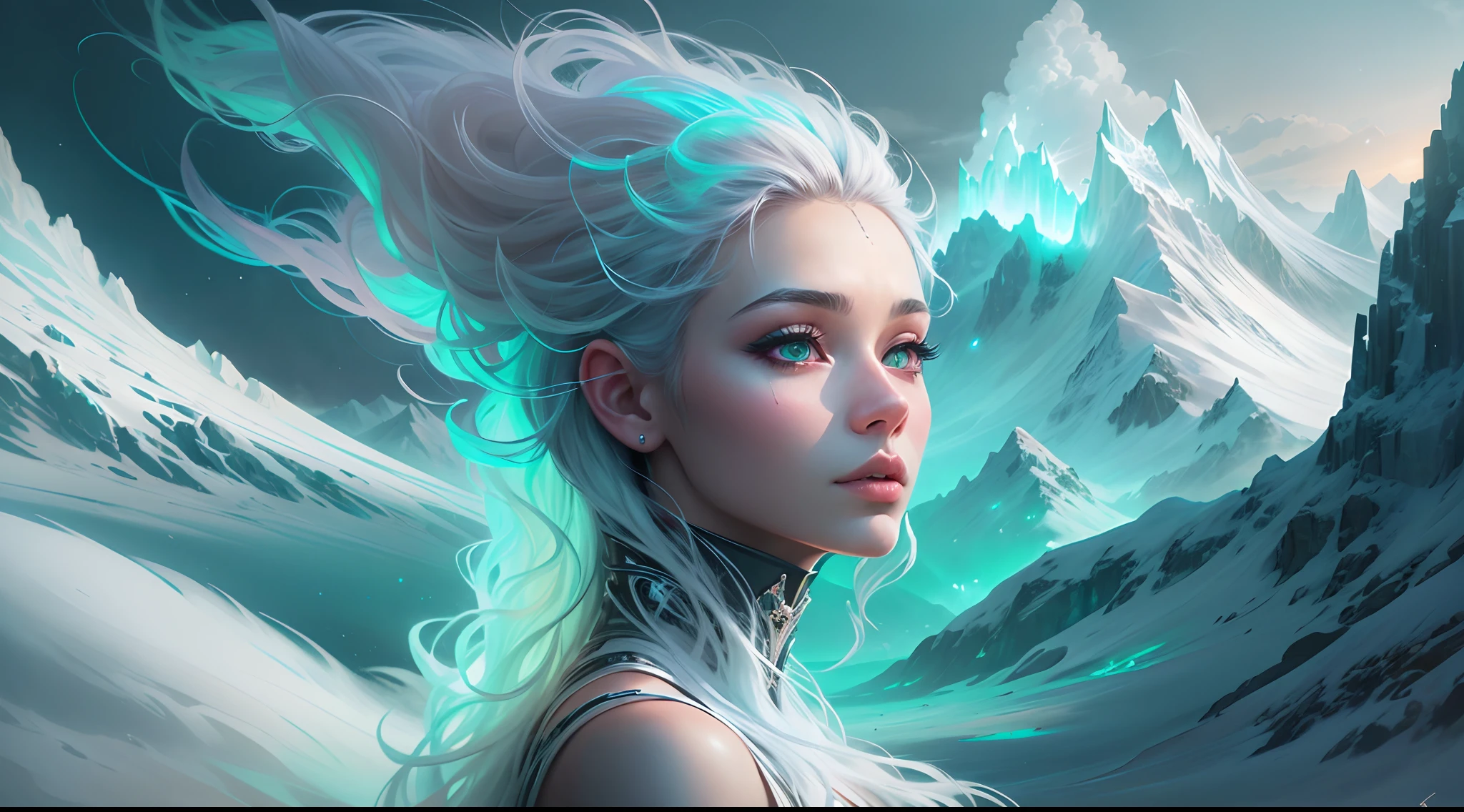 ModelShoot style, (Extremely detailed Cg Unity 8K wallpaper),cyber punk perssonage [Snowy mountain landscape with fog，South Pole，aurora，snow mountains，Igloo]，Ice sculpture palace，Ice block house，The palace of the Ice Queen，Immerse yourself in the beautiful aurora，Live in the clouds of the starry sky，Behind the clouds，（multiple exposure：1.8），(Transparent ethereal girl face blends with aurora，Overlay with snowy mountains)，Multiple elements blend the image，photography of：Brandon Woelfelmist，Surreal dreams，Gray atmosphere，raining day，dyna，lut，hdr，Surrealist art fantasy style，Epic digital fantasy art style，Beautiful dream art, Science-fi digital art illustration,Fantastic digital painting, futuristic digital painting, Fantastic concept art, In front of the sci-fi snowy mountain landscape, science fiction digital art, Fantastic transparent ethereal girl stylized abstract portrait close-up， 4k highly detailed digital art, 4K detailed digital art, detailed fantasy digital art, Digital artwork 4 K, 8K stunning artwork, fantasy concept art portrait, Digital 2D fantasy art, Fantasy art Behance, Beautiful digital artwork, artgerm julie bell beeple, Epic fantasy digital art style