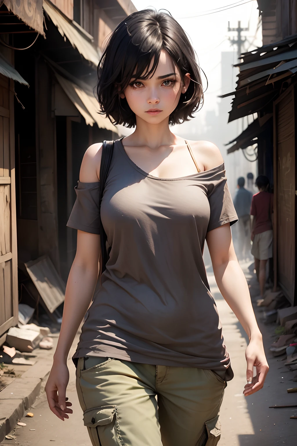 forward, dirty Troubled Face, slave, dark straight black wolf cut hair slightly below shoulder,((Best Quality, 8k, Masterpiece: 1.3)), Crisp Focus: 1.2, (Layer Cut, Big: 1.2),Beautiful Woman with Perfect Figure: 1.5, Highly Detailed Face and Skin Texture, Detailed Eyes, Double eyelids,sharp brown eyes, walking in night slum street with baggy tshirt, baggy pant, pale skin,